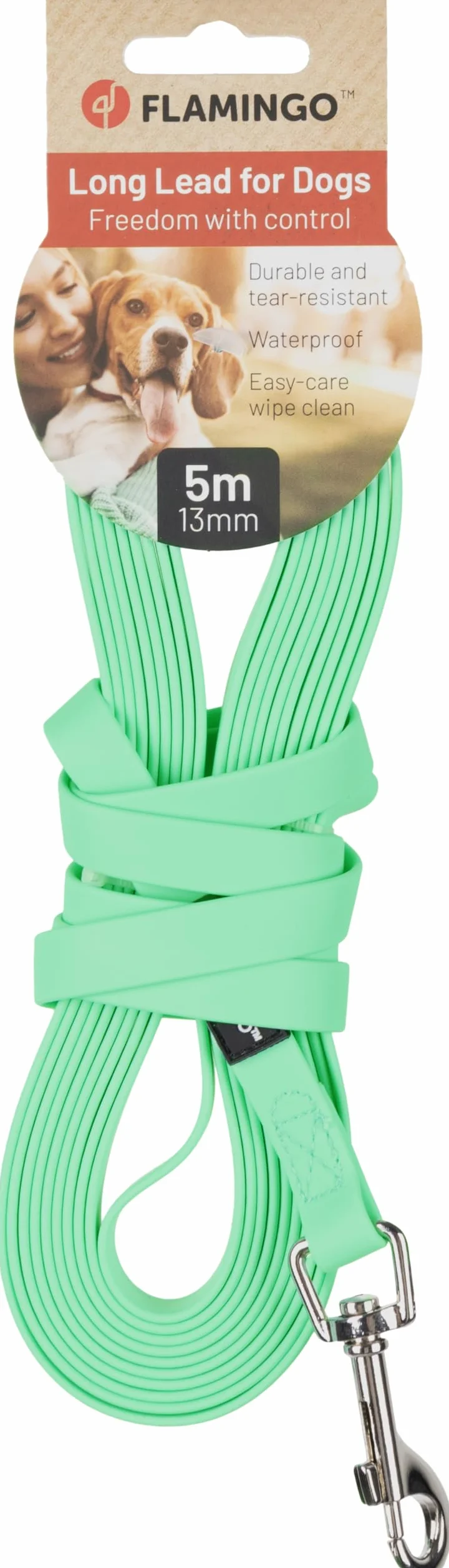 Smycz dla psa - Caspar Mint Green (tropik/trening) - 500 cm szer. x 1,3 cm szer. x 0,2 cm wys. - wodoodporny biothane - uchwyt - chromowany karabińczyk - łatwe czyszczenie