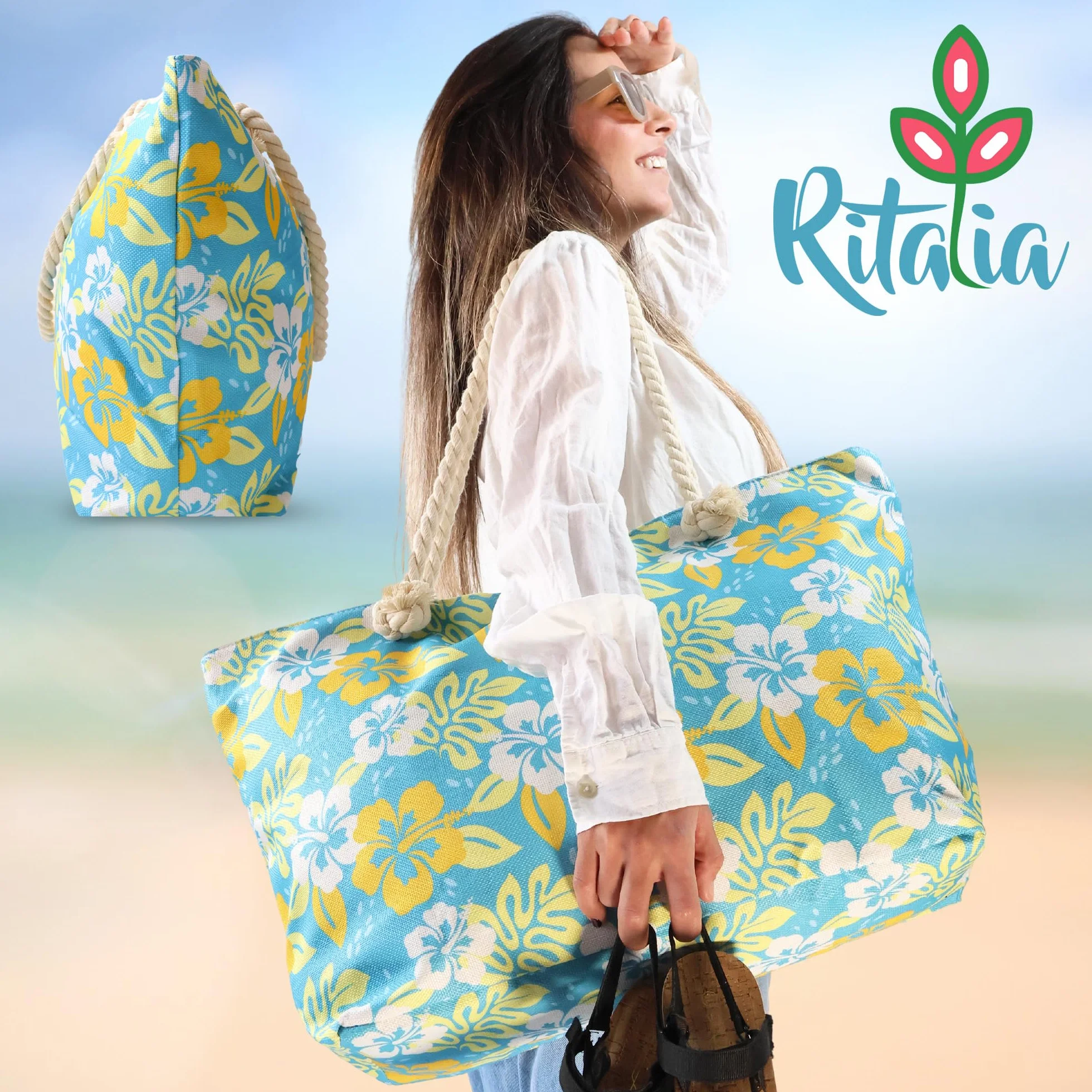 Ritalia® Duża torba plażowa XXL dla rodzin | Damskie torby plażowe i torba na basen | Wodoodporna torba plażowa z zamkiem błyskawicznym | Damski kosz plażowy | Rodzinny worek plażowy