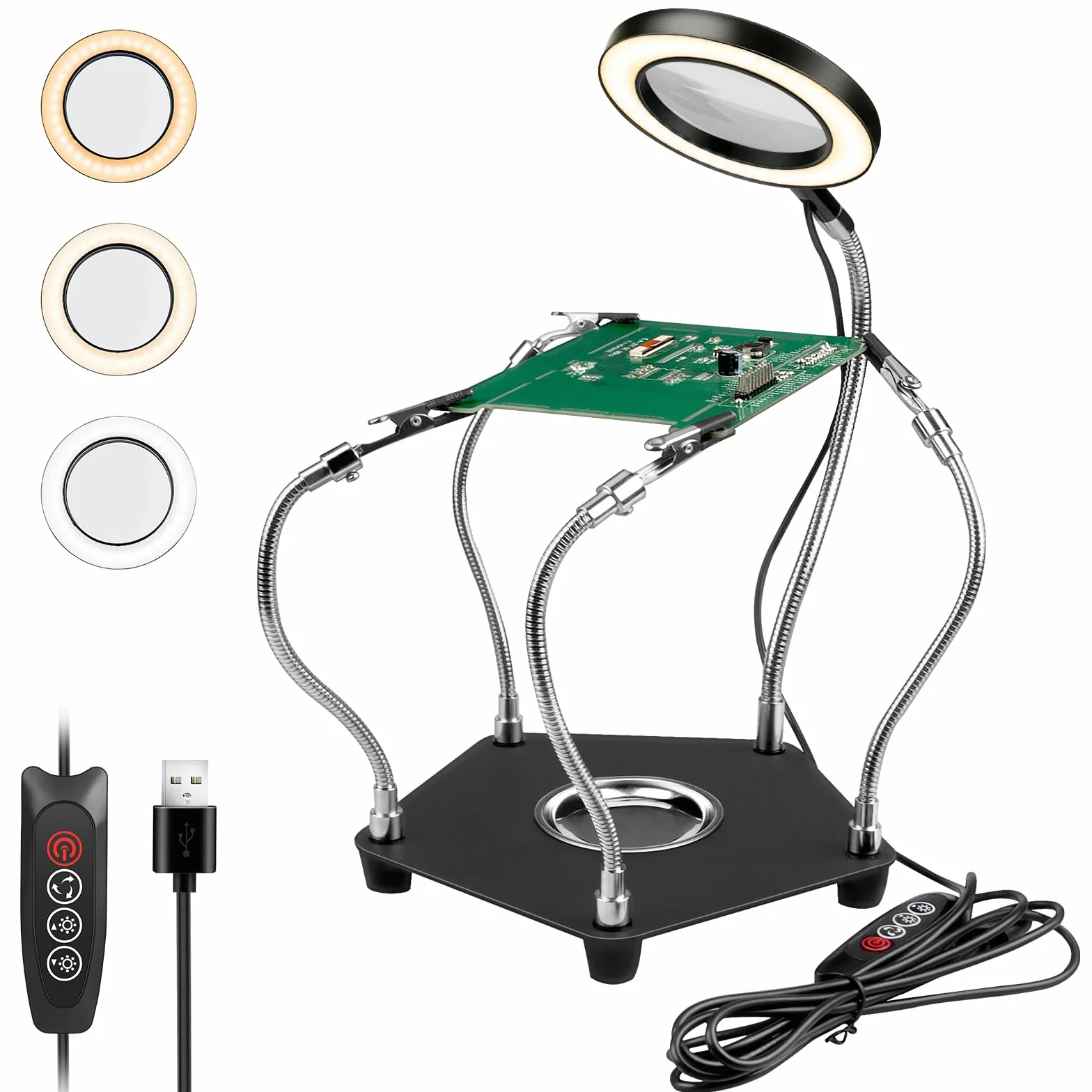 Stacja lutownicza trzeciej ręki, pomoc w lutowaniu, uchwyt na płytkę drukowaną, narzędzia do rękodzieła, warsztatu, stacja pomocnicza z USB LED, 3 x lupa, cztery ramiona pomocnik rzemiosło biżuteria