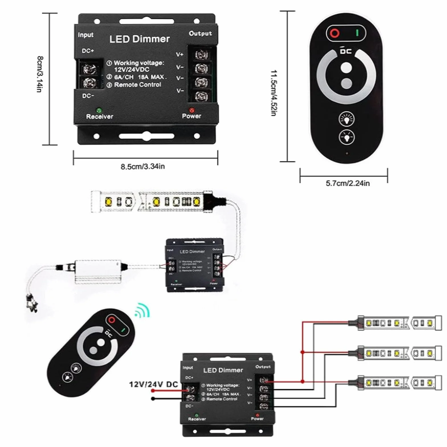 Yosoo Health Gear Przełącznik Dimmer do świateł LED, DC 12V - 24V 18A PWM LED Light Light Strip Controller, RF Pilot Center, Reguel Brightness