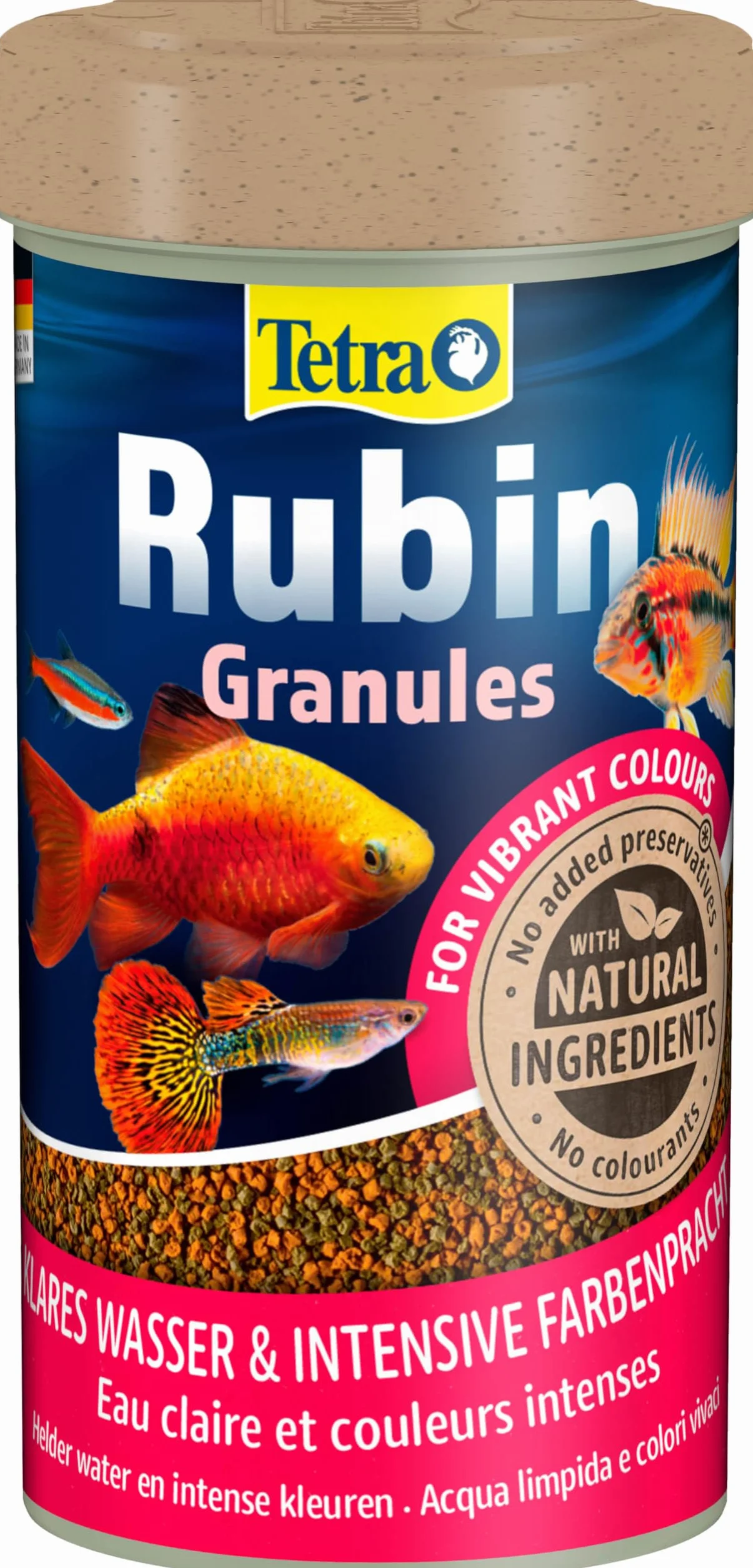 Tetra Rubin Granules – karma dla ryb w postaci granulatu z naturalnymi wzmacniaczami kolorów, idealna dla wszystkich ryb w środkowej warstwie wodnej akwarium, puszka 250 ml