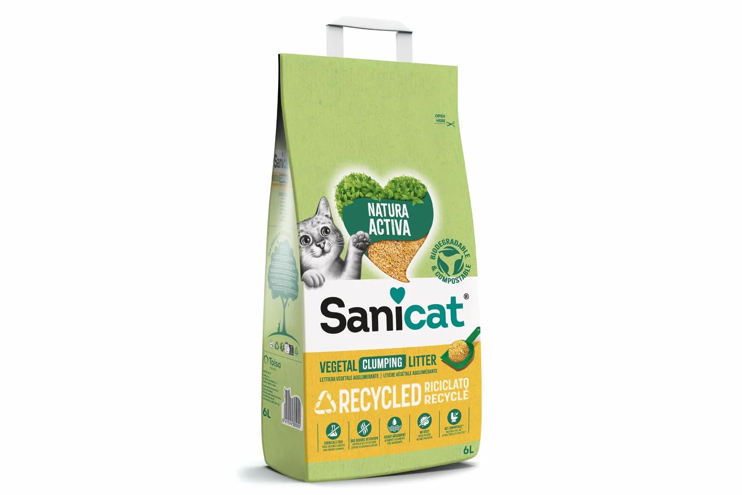 Sanicat – Zbrylający żwirek dla kotów z przetworzonych kolb kukurydzy | Doskonałe wchłanianie i redukcja nieprzyjemnych zapachów | Produkt przyjazny dla środowiska i biodegradowalny | Pojemność 6 l