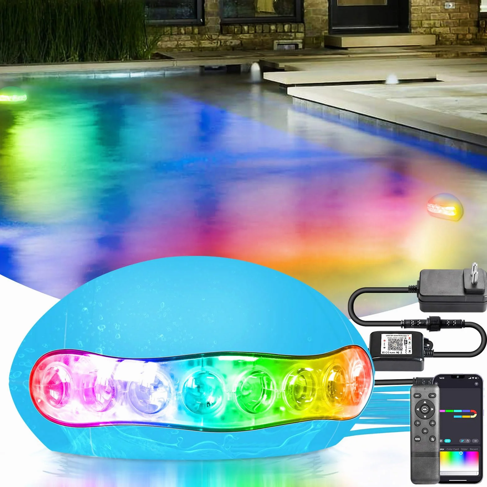 Wifi Intelligence RGB+IC 15 W LED Światło basenowe z pilotem, podwodne, tryb muzyczny, współpracuje z asystentem Google Home/Alexa, DC5V IP68 z kablem 5M