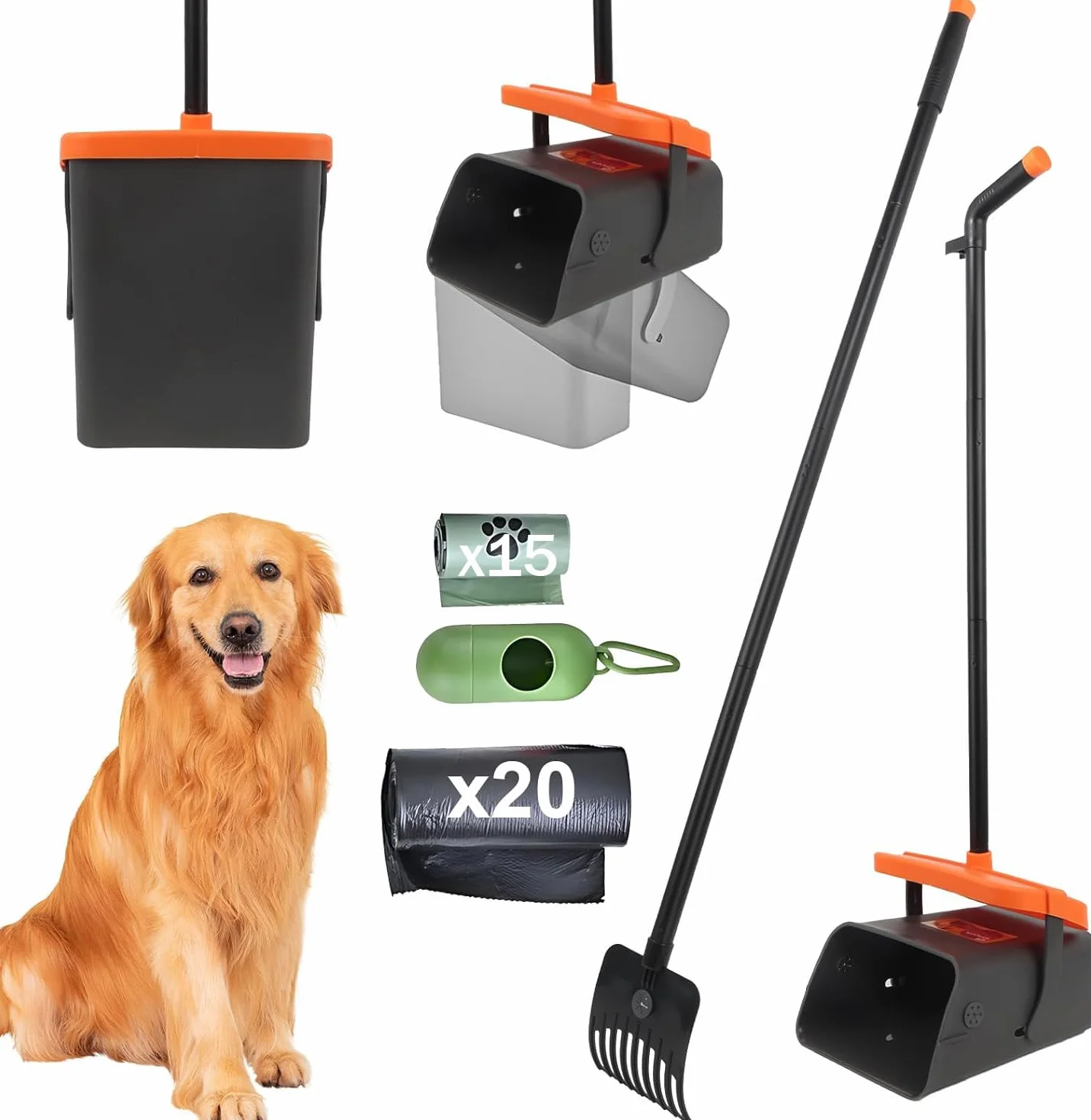 Pooper Scooper, duży obrotowy kosz na odchody dla psów z pokrywką, 117 cm, regulowana, długa rączka, z workami na odpady, odpady dla zwierząt domowych, do ogrodu, na podwórko, trawę, brud lub żwir