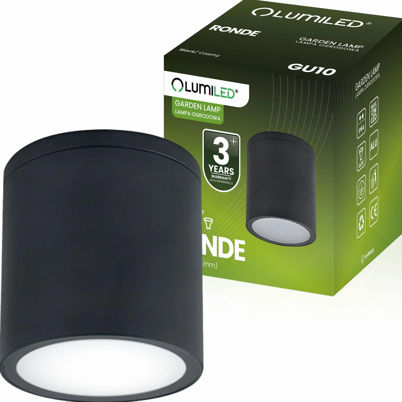 Lumiled Lampa natynkowa Spot natynkowy Nowoczesna 230V GU10 Maks.12W Lampa zewnętrzna Lampa sufitowa Oprawa sufitowa Aluminium Szkło hartowane Czarna IP54 Wodoszczelna Outdoor Zewnętrzna Ogród Lampa