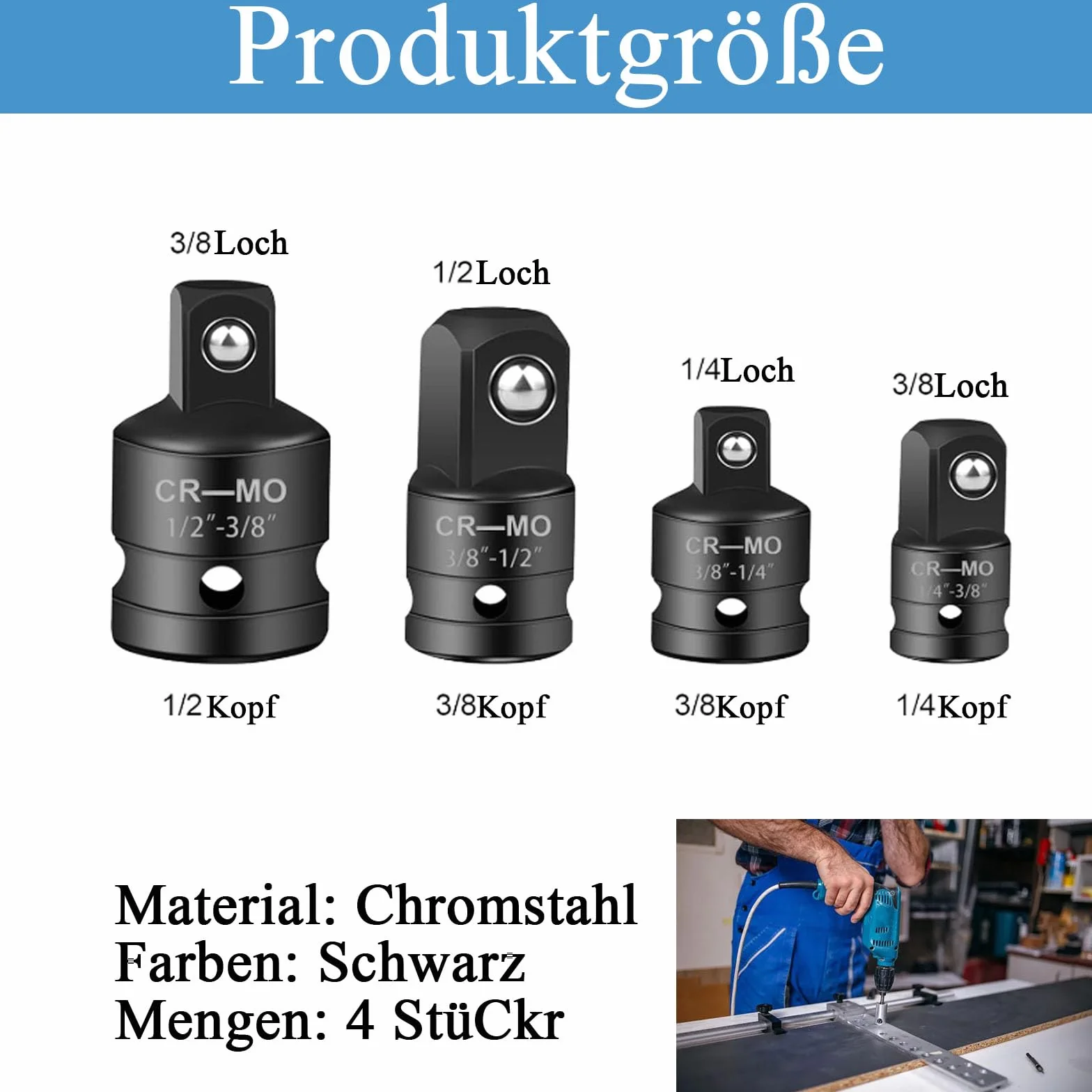 Zestaw adapterów nasadowych, 4 adaptery do kluczy nasadowych 1/2" na 3/8", 3/8" na 1/2", 3/8" na 1/4", 1/4" na 3/8" do kluczy nasadowych