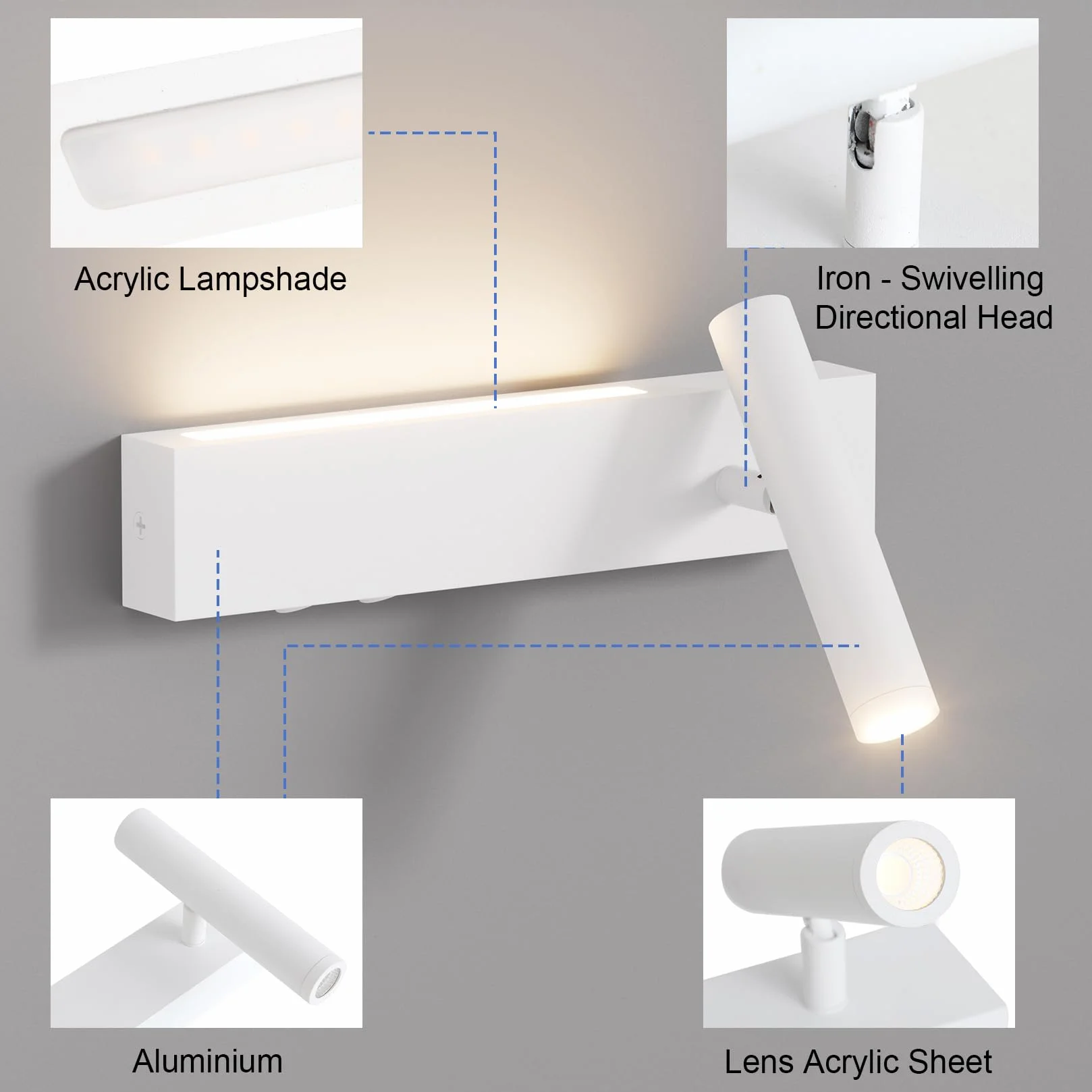 Klighten Lampa ścienna LED, 2 sztuki, 3 W + 3 W, 2-punktowa, 3000 K, z 2 przełącznikami, okrągły reflektor ścienny, obracany o 330°/regulowany o 60°, do salonu, aluminium, ciepła biel, biały