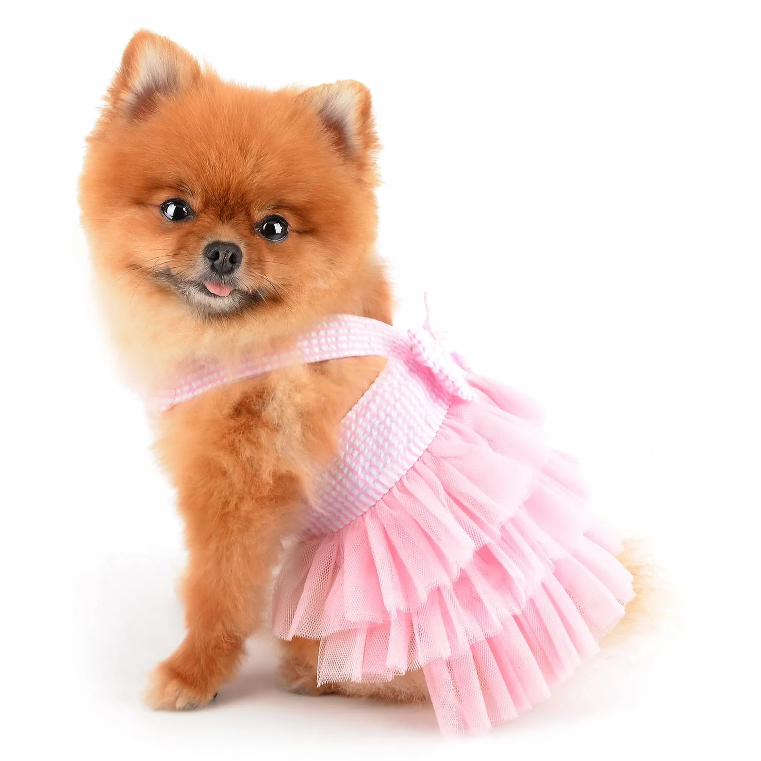 PAIDEFUL Sukienka dla małego psa w paski denim organza kokarda koraliki spódnica tutu lato miękka wygodna oddychająca ubrania dla szczeniaka bez rękawów guzik odzież dla kociąt, różowa, L