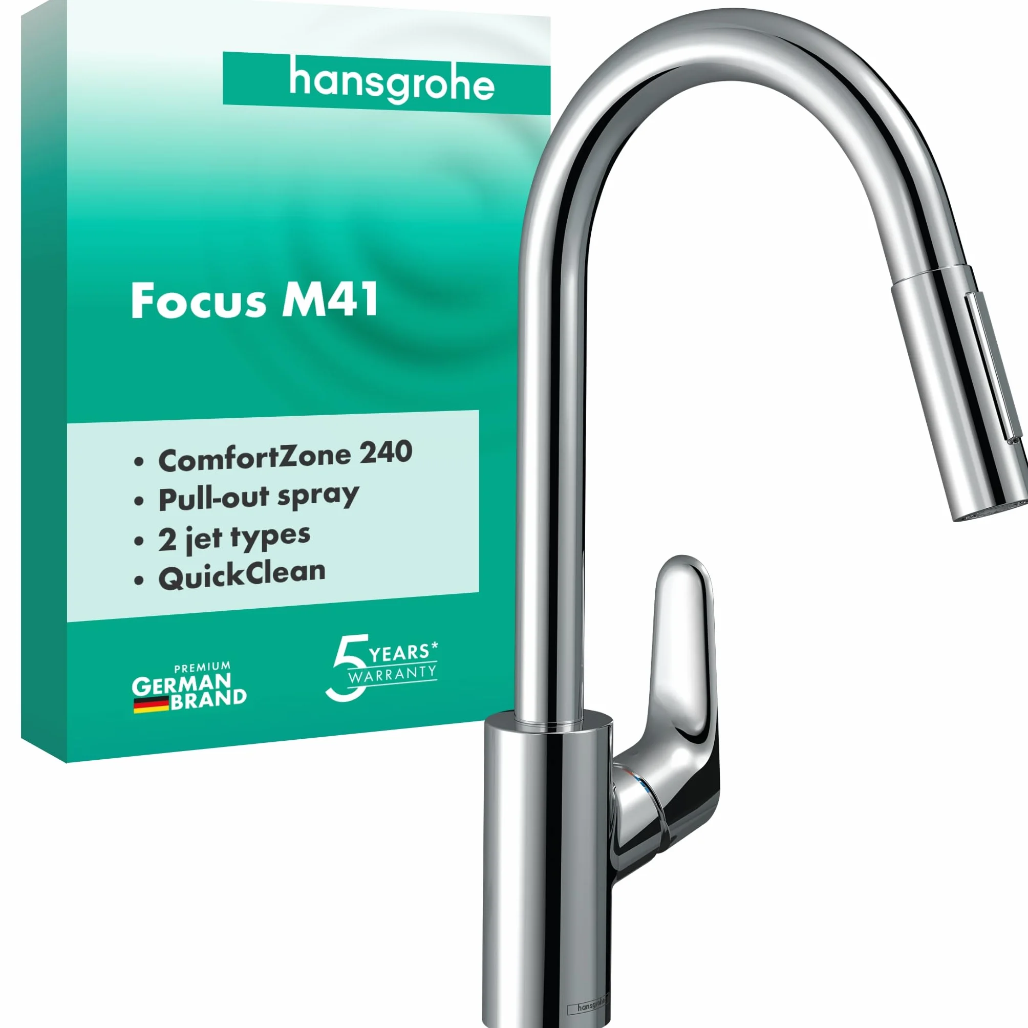 hansgrohe Focus M41 - bateria kuchenna z wyciąganą wylewką, 2 strumieniowa, kran kuchenny z wysokością wylewki 240 mm, jednouchwytowa armatura kuchenna, chrom, 31815000