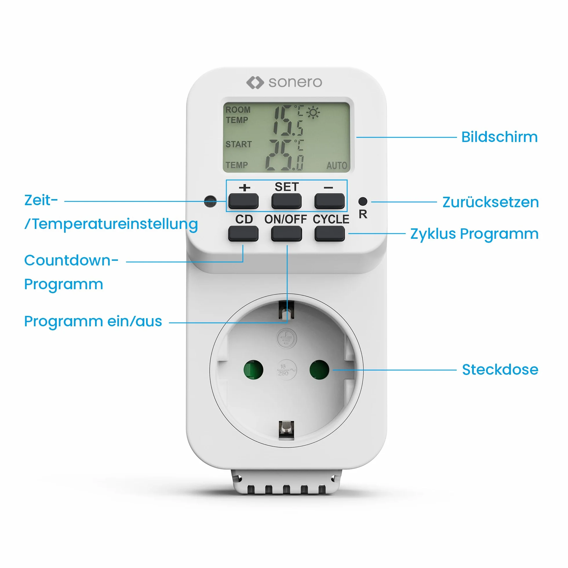 Sonero Cyfrowy termostat gniazdko, regulator temperatury, ogrzewanie, chłodzenie, sterowany czasowo z wewnętrznym czujnikiem, do terrarium, szklarni, pieca wędzarniczego, jako czujnik mrozu, 3600 W,
