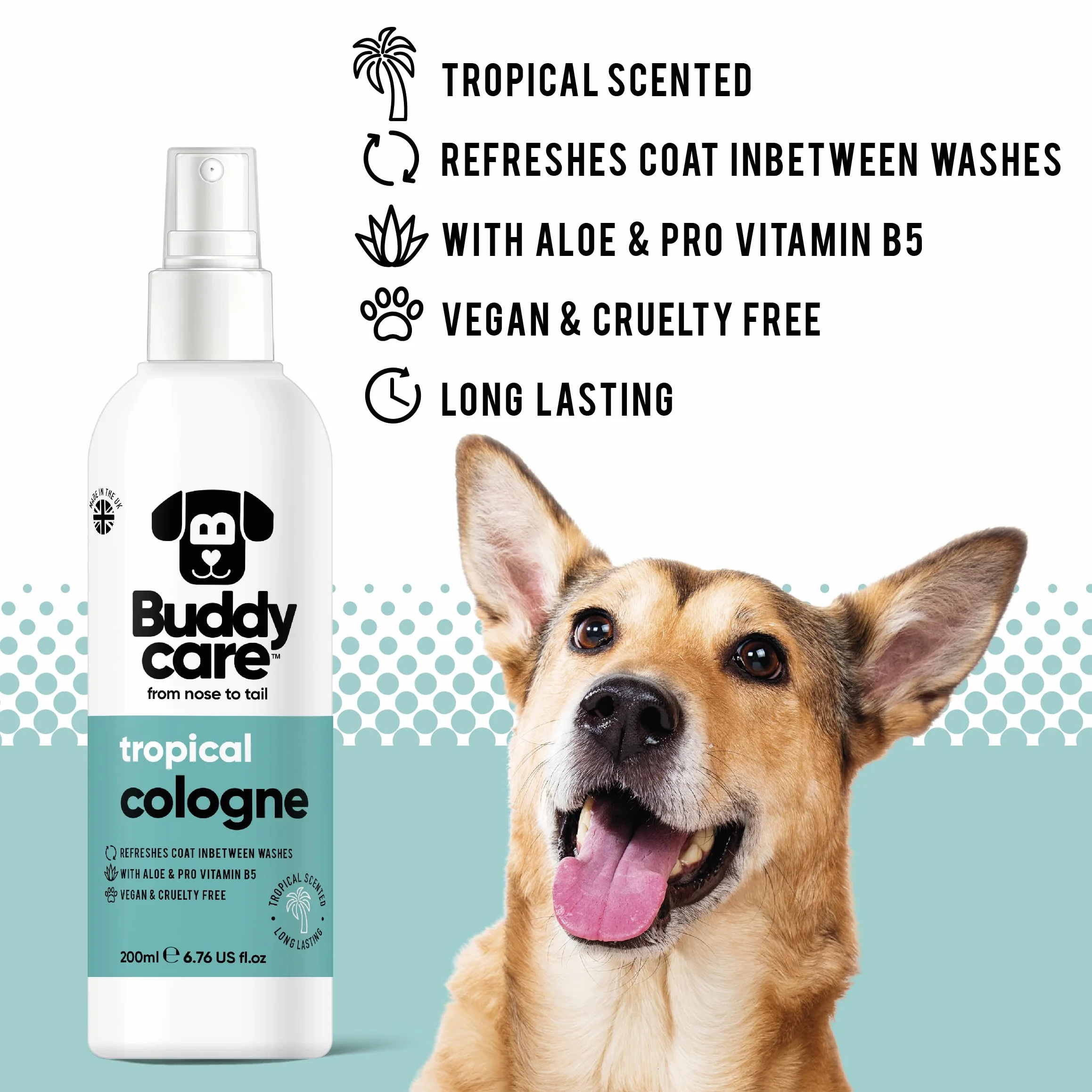 Buddycare Pies Coloński – Tropical – odświeżające i pachnące tropikalne perfumy dla psów – odświeżone pomiędzy myciem psa (200 ml, 1 sztuka)