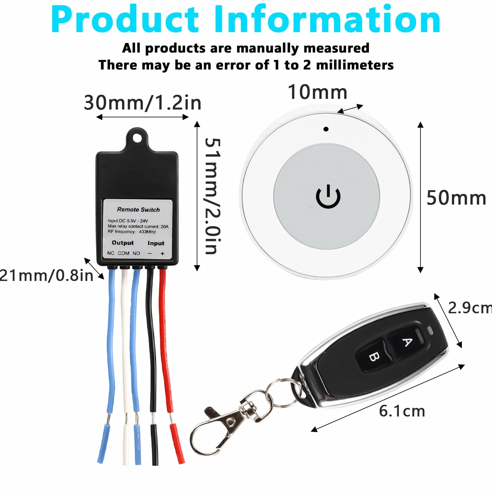 Pilot zdalnego sterowania, przełącznik radiowy 12 V, DC 5,5 V ~ 30 V 5 A, przekaźnik zdalny, 50 m, z 2 pilotami zdalnego sterowania, do lamp sufitowych, silnika, lamp, dekoracji bożonarodzeniowych