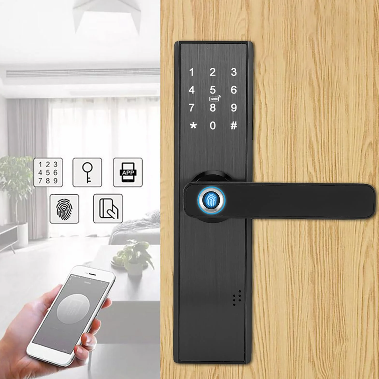 Inteligentny zamek elektroniczny WiFi Tuya Smart z odciskiem palca, ekranem dotykowym, hasłem, kartą IC i kluczem mechanicznym