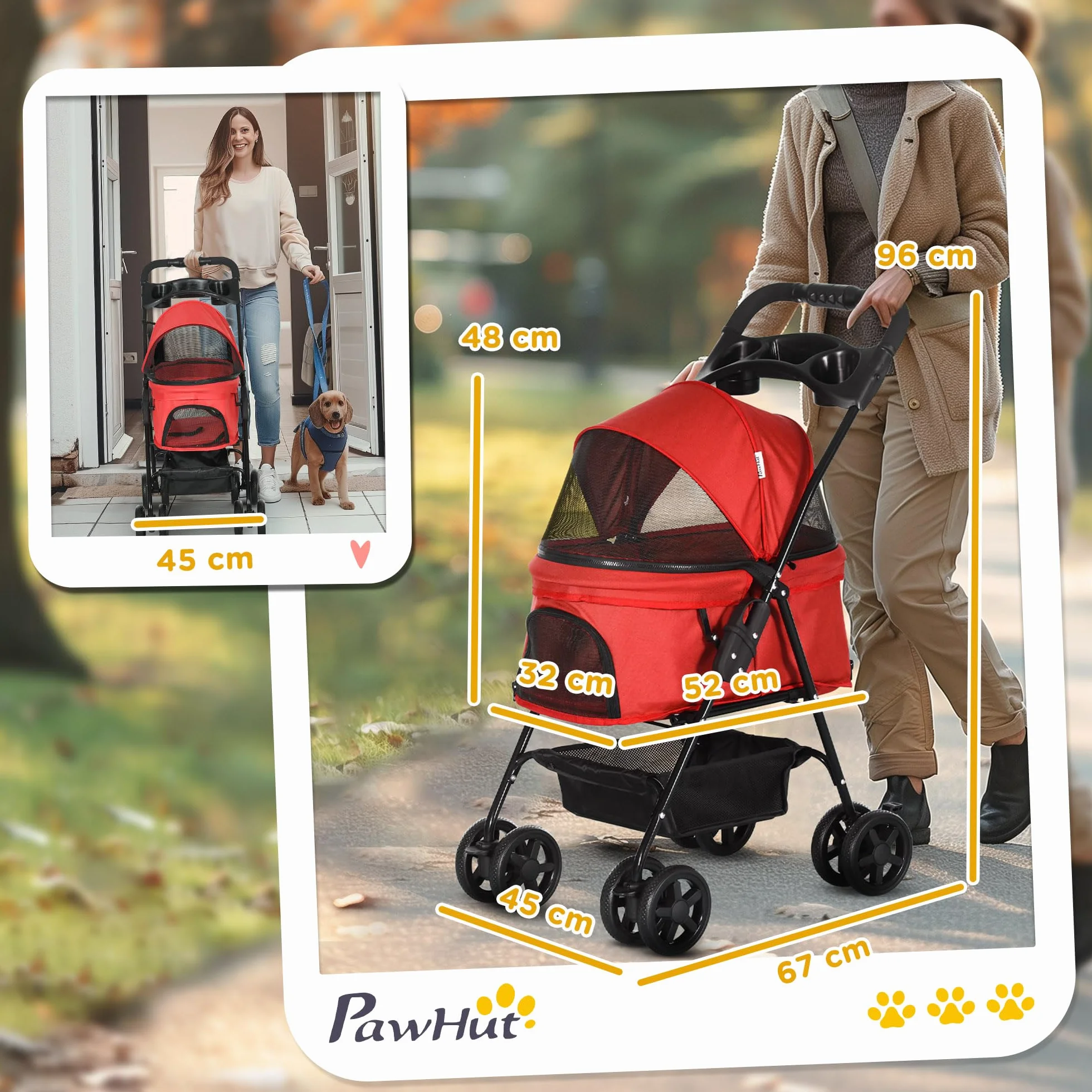 PawHut Składany wózek buggy dla psa i kota, kosz do przechowywania, uchwyt na kubki, tkanina 300D Oxford, wodoodporny, 4 koła, czerwony