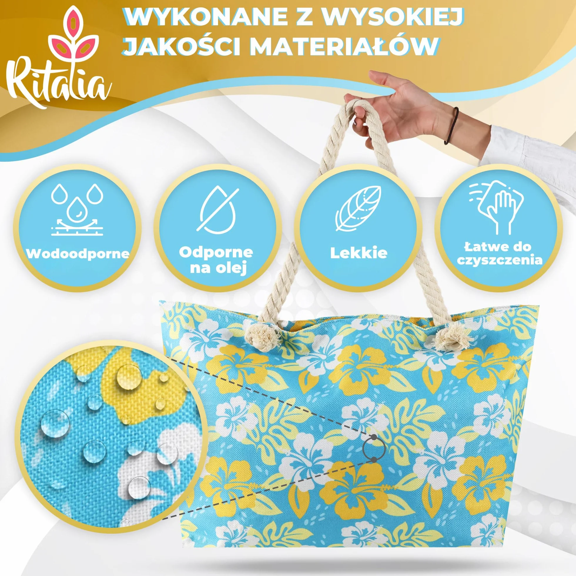 Ritalia® Duża torba plażowa XXL dla rodzin | Damskie torby plażowe i torba na basen | Wodoodporna torba plażowa z zamkiem błyskawicznym | Damski kosz plażowy | Rodzinny worek plażowy