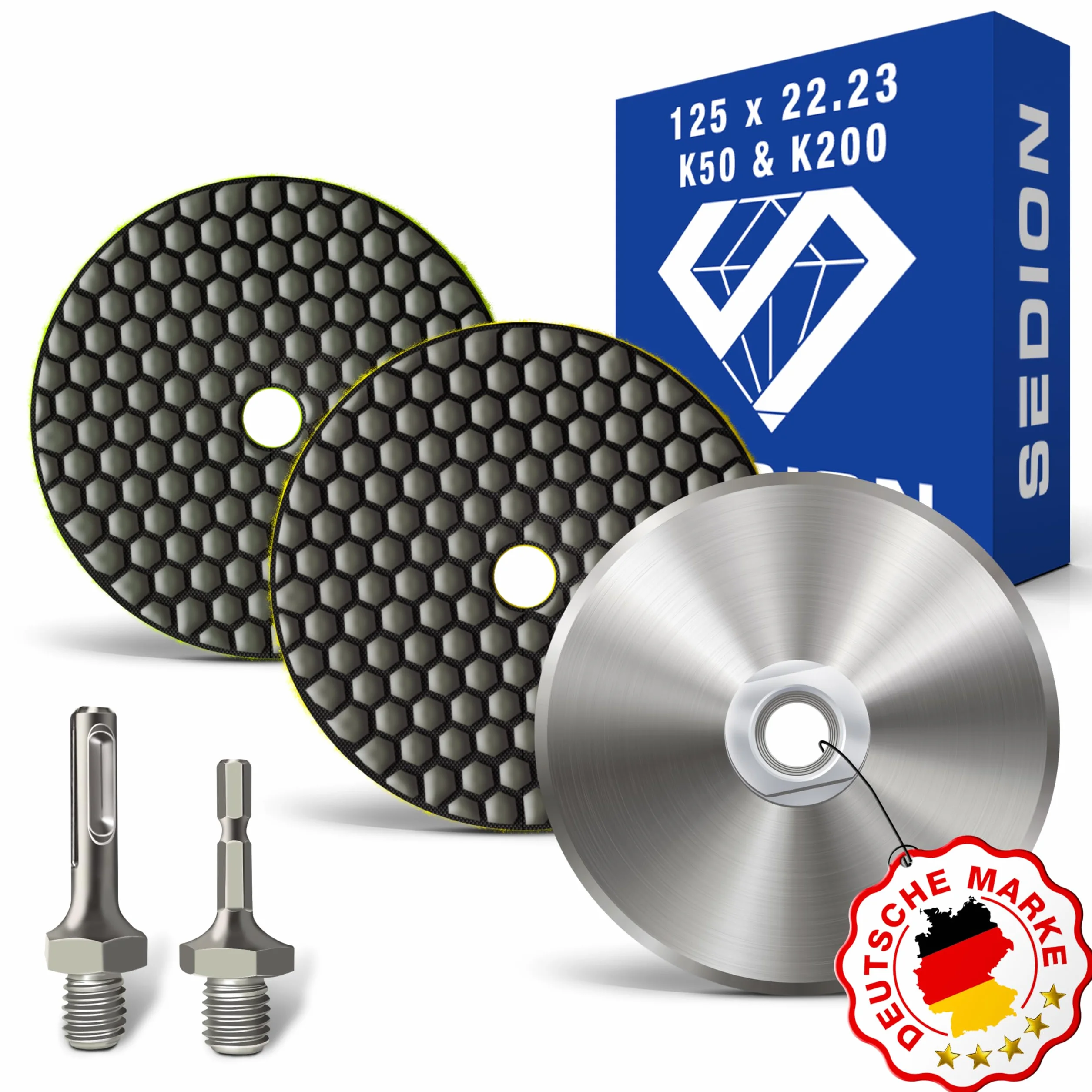 Zestaw diamentowych podkładek szlifierskich o ziarnistości 50 i 200 do polerowania i szlifowania - podkładki szlifierskie 125 mm do polerowania - podkładki polerskie 125 mm wraz z uchwytem na