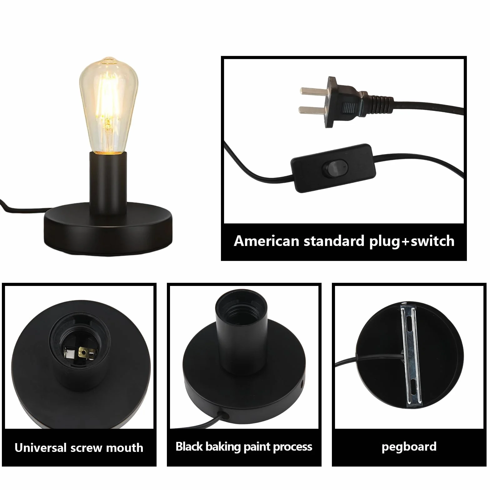 Oprawa lampy E27 z przełącznikiem czarna kabel 1,8 m retro