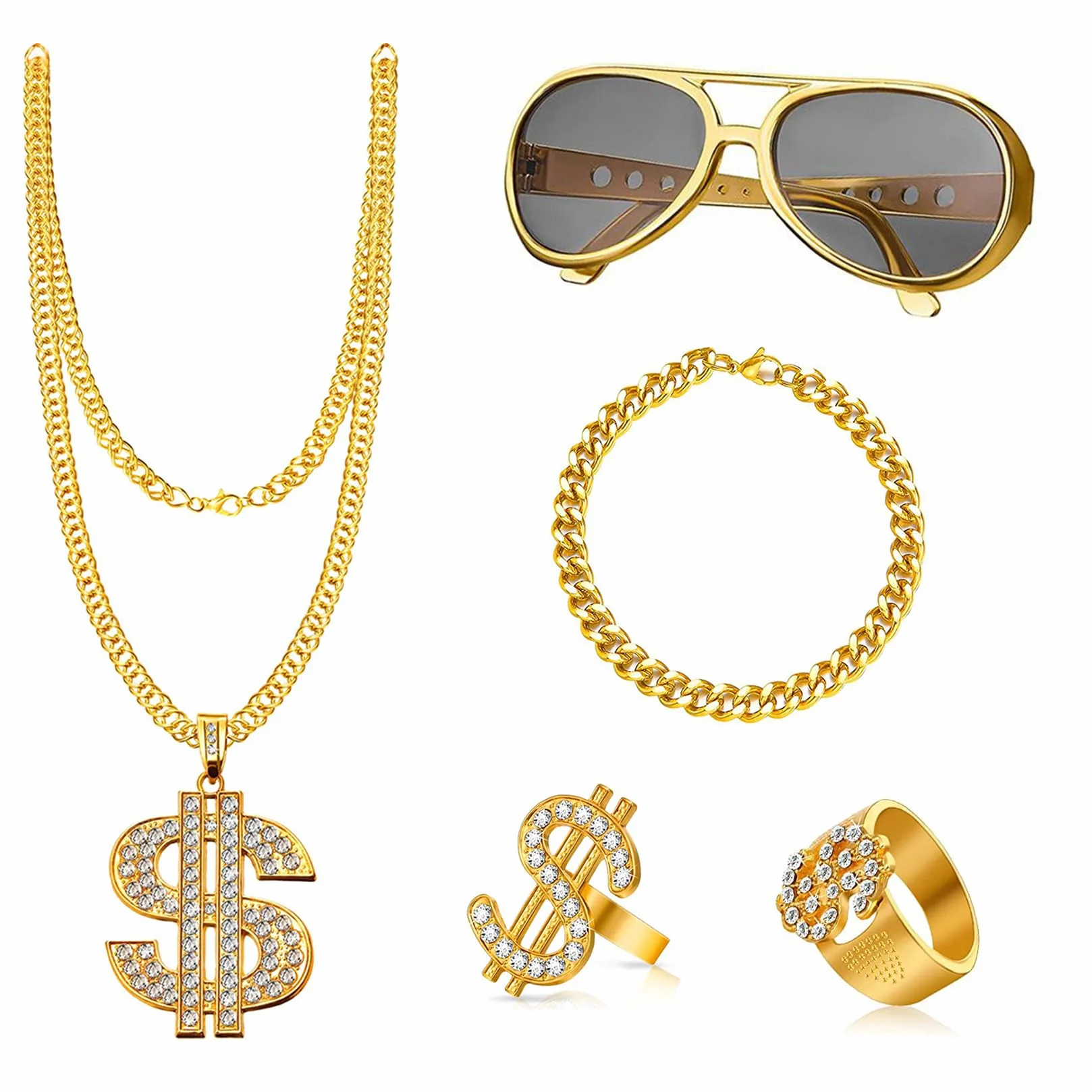 Kostium alfonsa 5 części Hip Hop Dollar Chain & Ring Shadow Wizard Money Gang Gold Chain Okulary przeciwsłoneczne 80s i 90s Strój męski Akcesoria Kostium karnawałowy