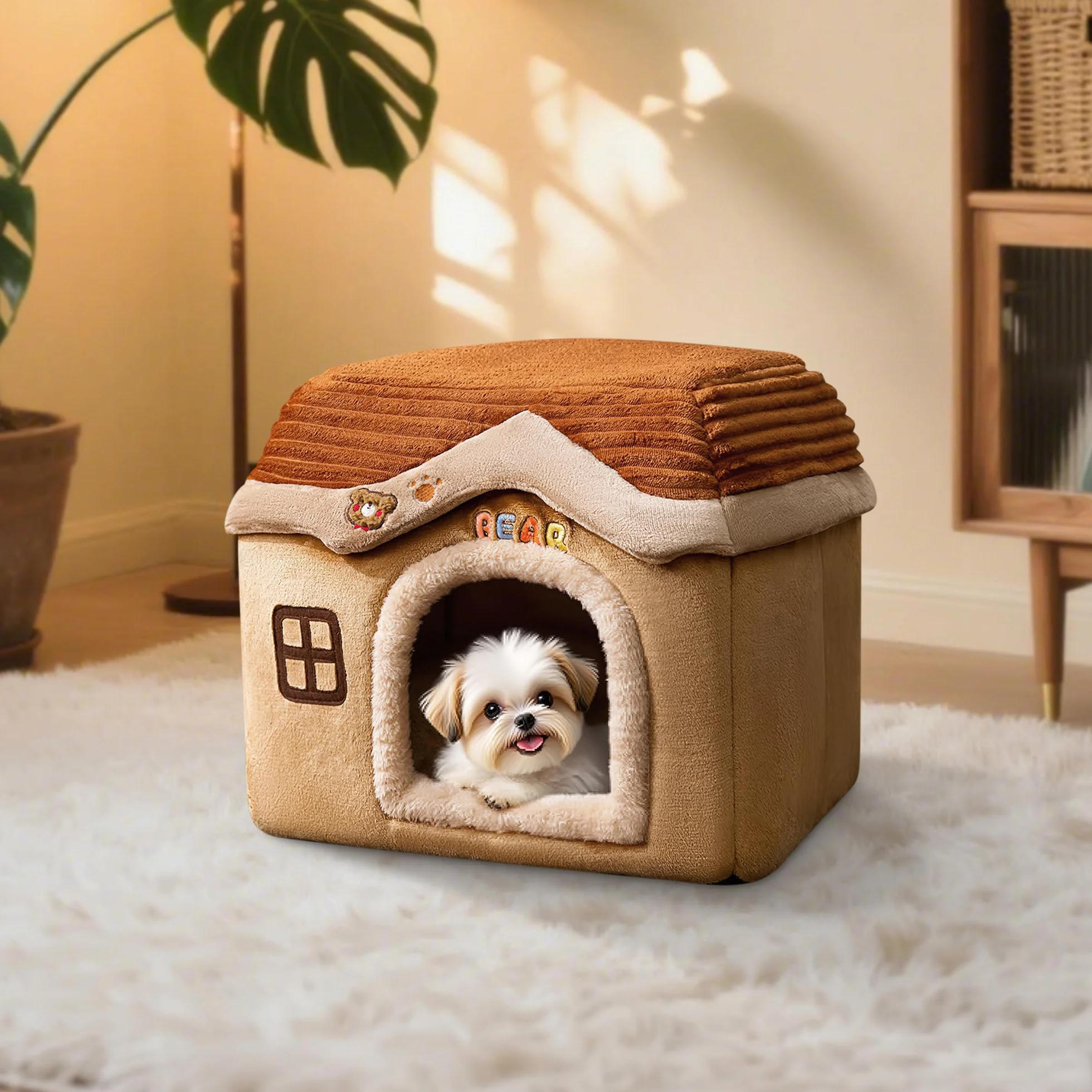 ALLSOPETS Ciepły Domek dla Kota i Psa, Składane Legowisko Jaskinia ze zdejmowaną poduszką, Miękkie i Pranie Legowisko dla Kociąt, Szczeniąt i Małych Zwierząt (Brązowy, M)