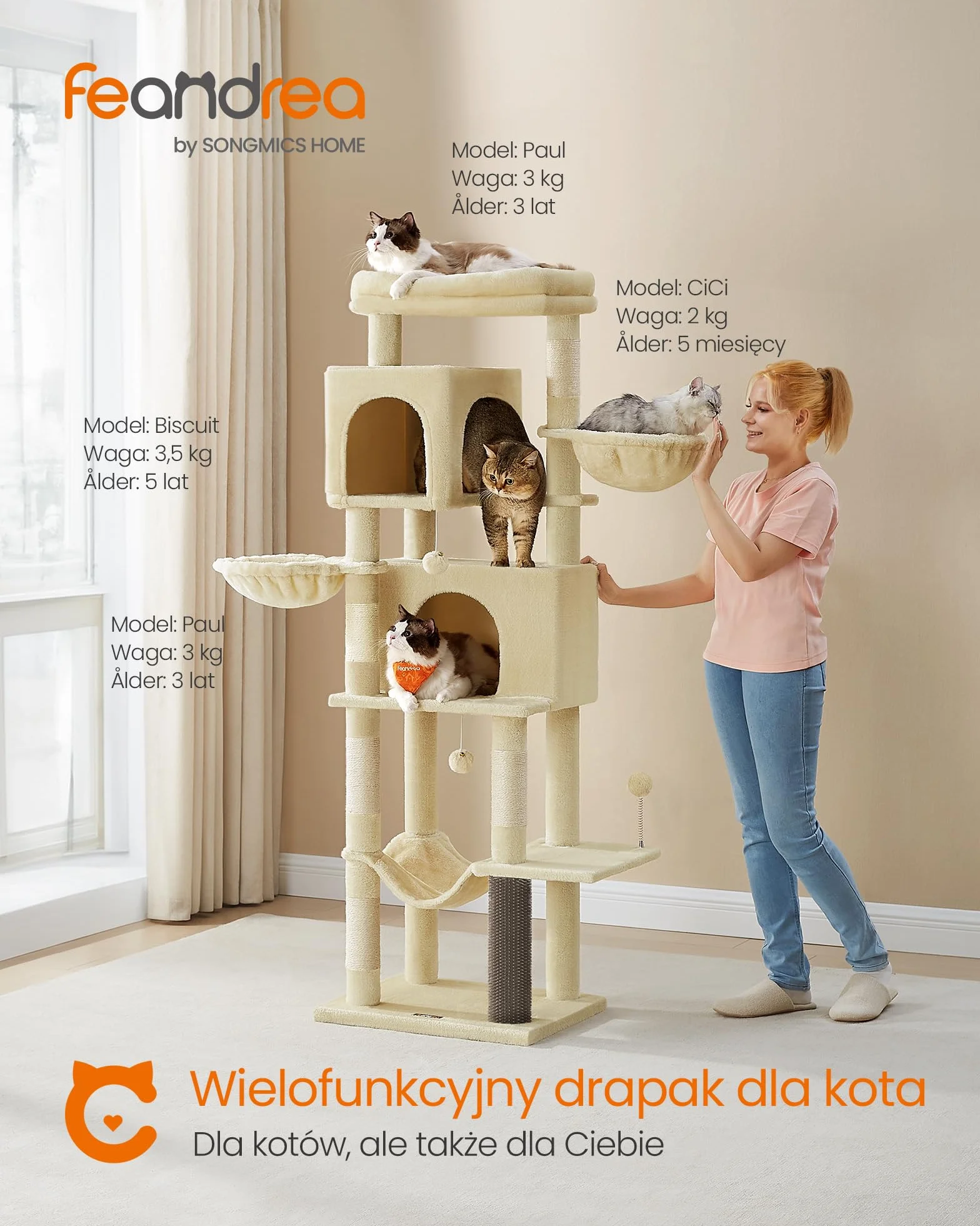 Feandrea duży drapak, wysokość 175 cm, XL, wielopoziomowy drapak dla kota z 2 jaskiniami, 2 leżakami, 5 drapakami, szczotka dla kota, duża platforma, piaskowy beż PCT182Y01