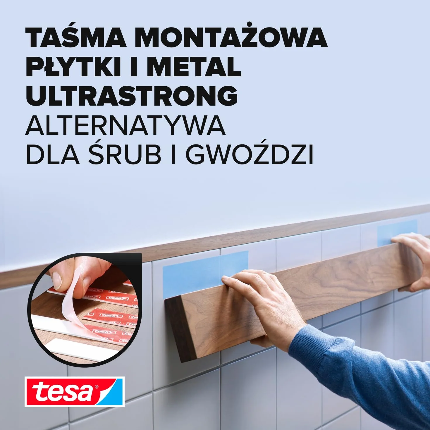 tesa Powerbond taśma montażowa do płytek i metalu, bardzo mocna, do 100 kg siły trzymania na metr – dwustronna taśma klejąca do gładkich powierzchni – 1,5 m x 19 mm