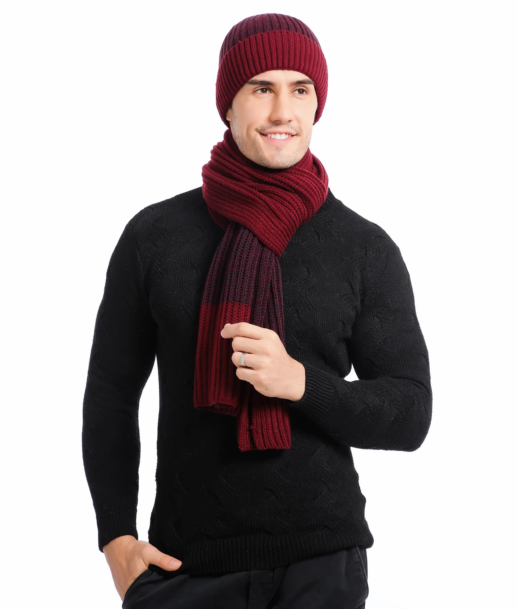 Męska czapka szalik i rękawiczki zestaw zimowa ciepła dzianinowa czapka beanie długi szalik ocieplacz na szyję rękawiczki z ekranem dotykowym zestaw upominkowy