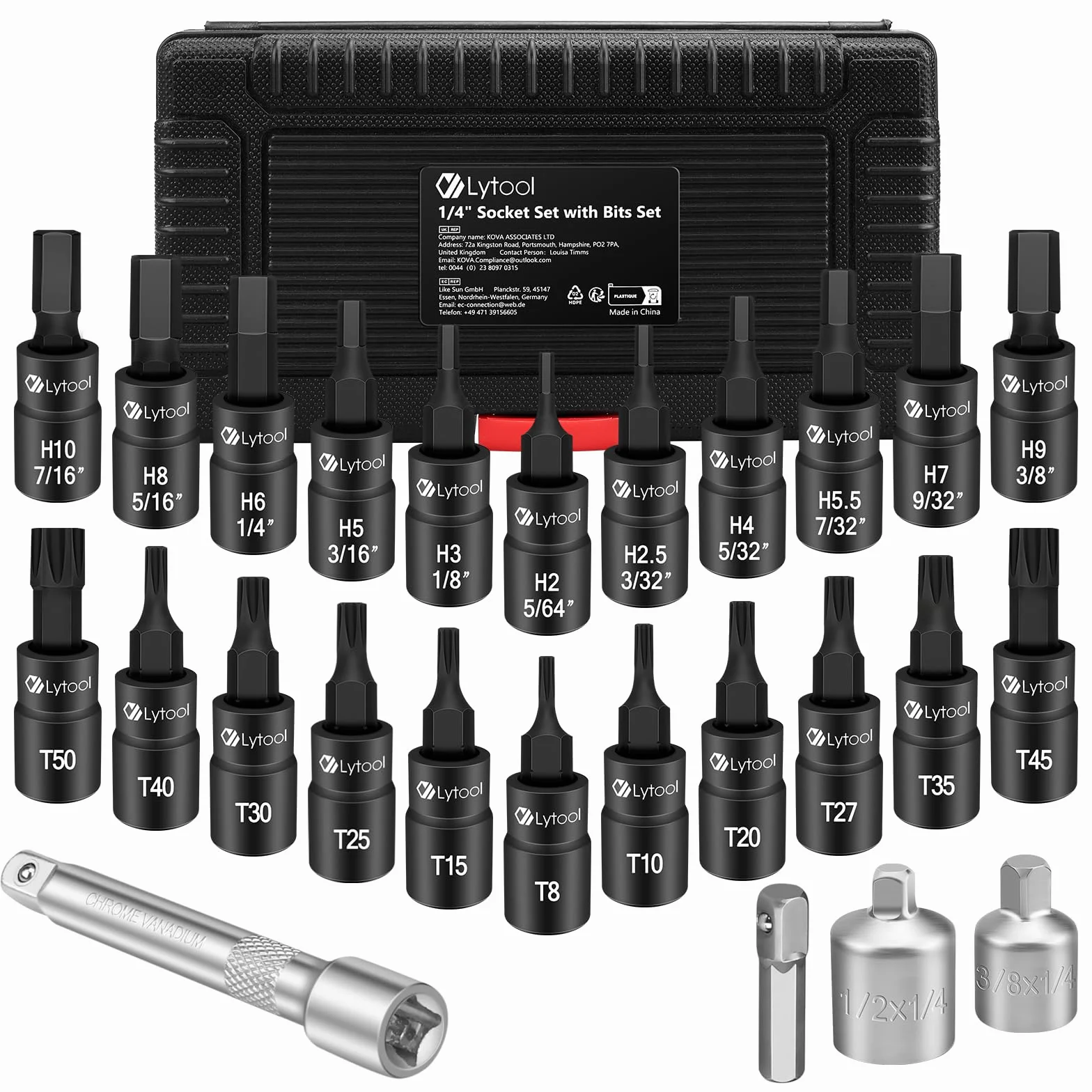 Lytool 1/4" 25-częściowy zestaw kluczy nasadowych Torx i Hex | adaptery 1/2" na 1/4", 3/8" na 1/4" i czworokątny na sześciokątny do samochodu, roweru, gospodarstwa domowego