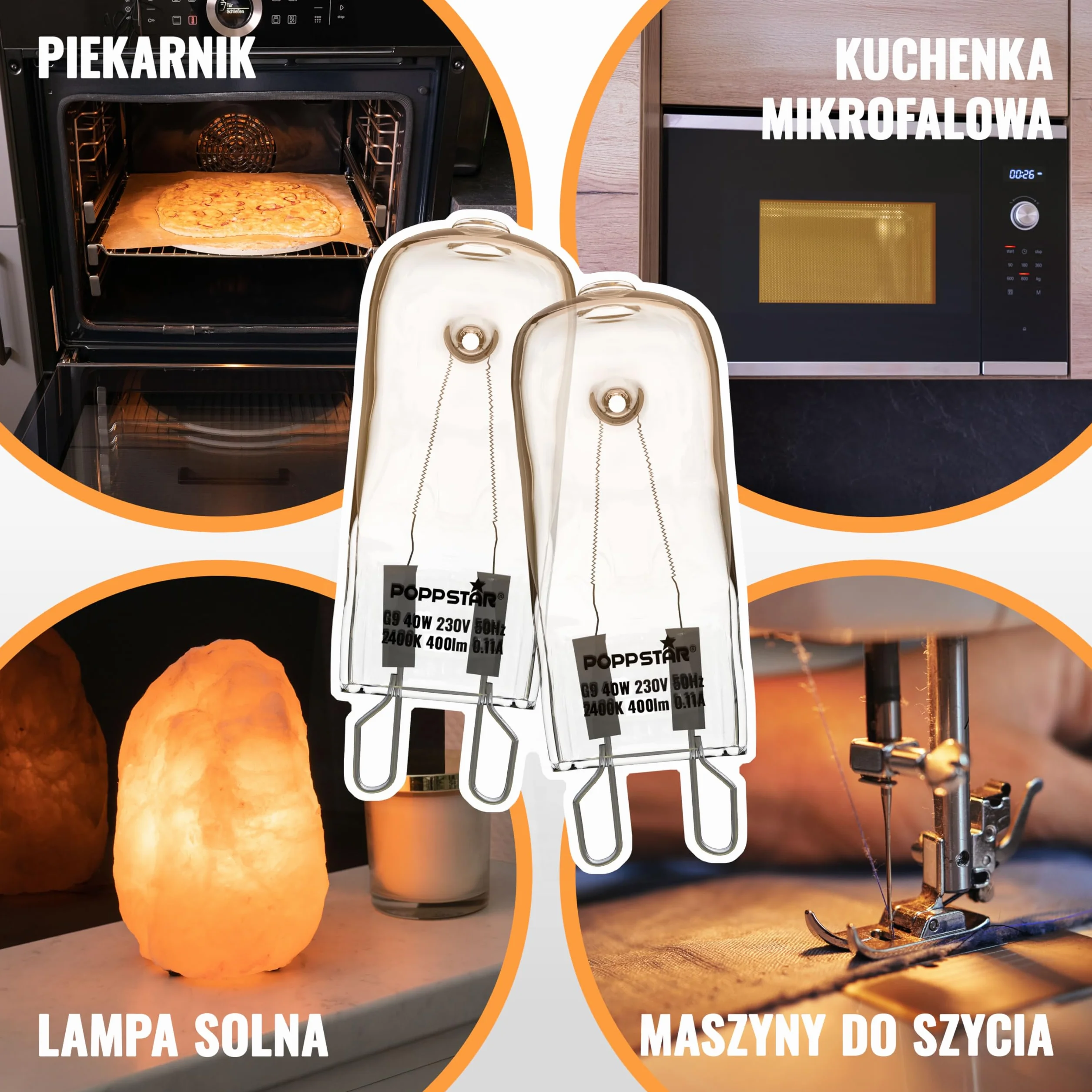 Poppstar 2 żarówki do piekarnika G9 40W, odporna na wysokie temp. do 300°C (barwa światła: biała, ciepła 2400K, 400lm)