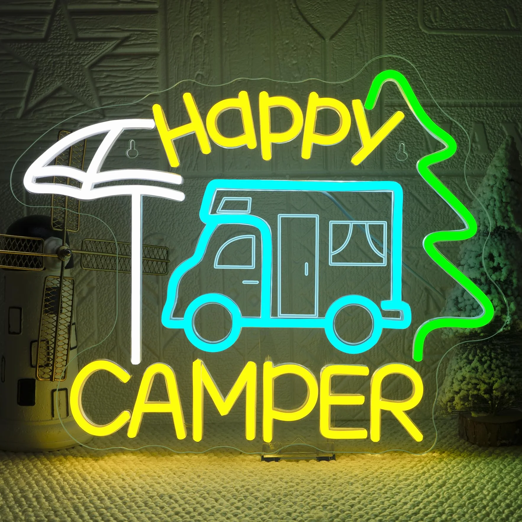 Szyld neonowy Happy Camper, szczęśliwy camper LED, napis LED do kamperów, reklama świetlna do dekoracji miejsc takich jak kemping, pikniki, biwak, namiotowe miejsce, taras, ogród