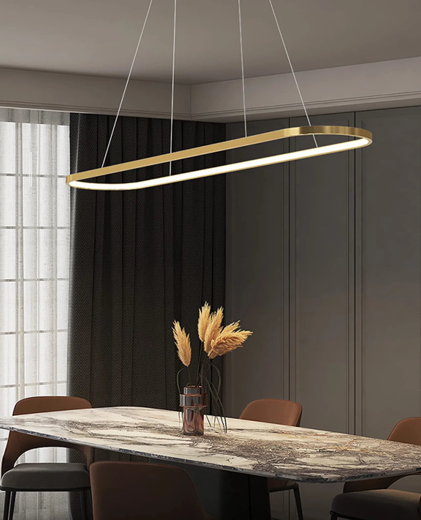 Lampa wisząca do jadalni Owalna lampa LED Ściemnialna lampa wisząca z pilotem, lampa stołowa do jadalni Wiszący żyrandol do kuchni Lampa wisząca do biura (Złoto, 120CM)
