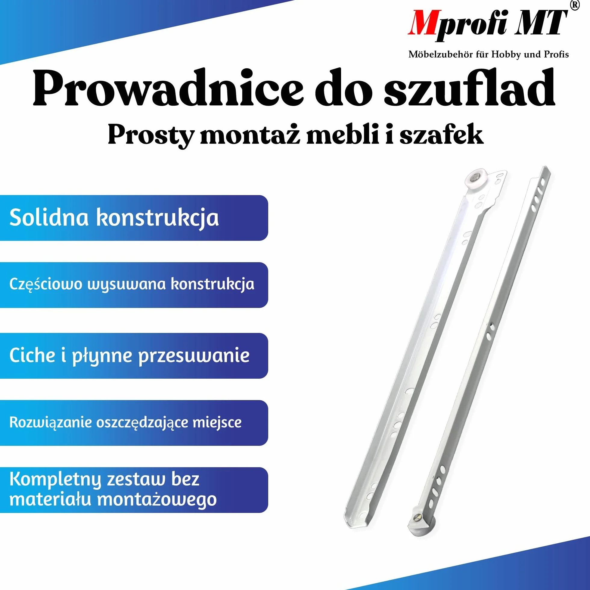 Mprofi MT® 2 Sztuki, 1 Para | Prowadnice Rolkowe 250mm | Częściowy Wysuw | Nośność 30kg | Białe Szyny do Szuflad | Akcesoria Meblowe