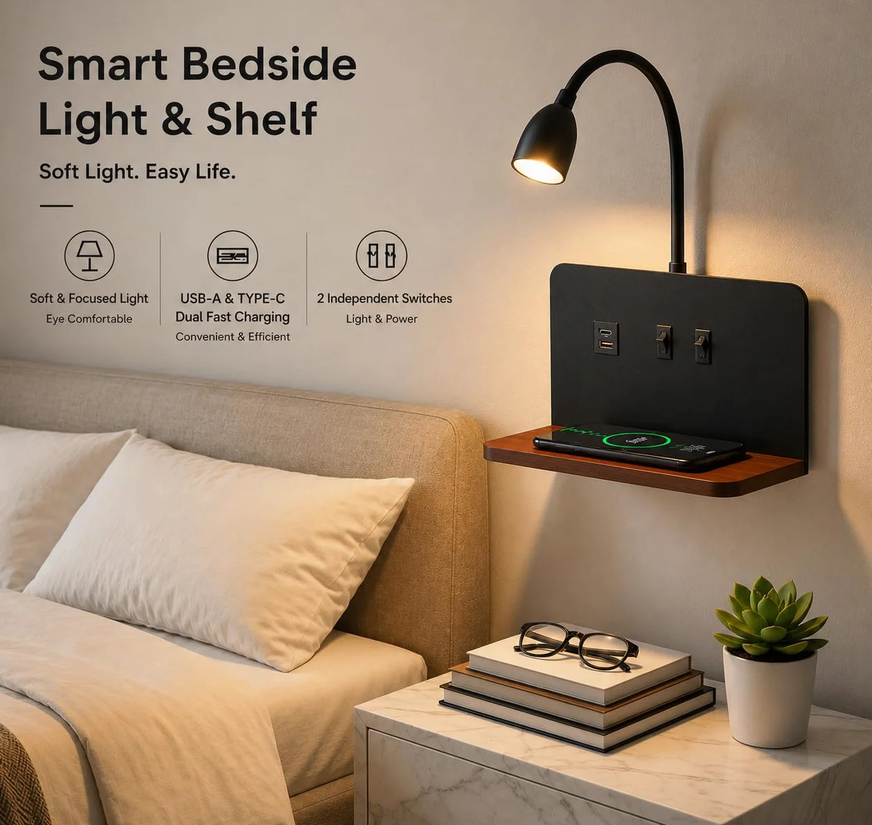 lampa ścienna LED do wnętrz z wtyczką, lampa ścienna do sypialni z portami USB i bezprzewodową ładowarką, regulowana i elastyczna lampa do czytania z gęsią szyją, lampka nocna 3000 K z podświetleniem