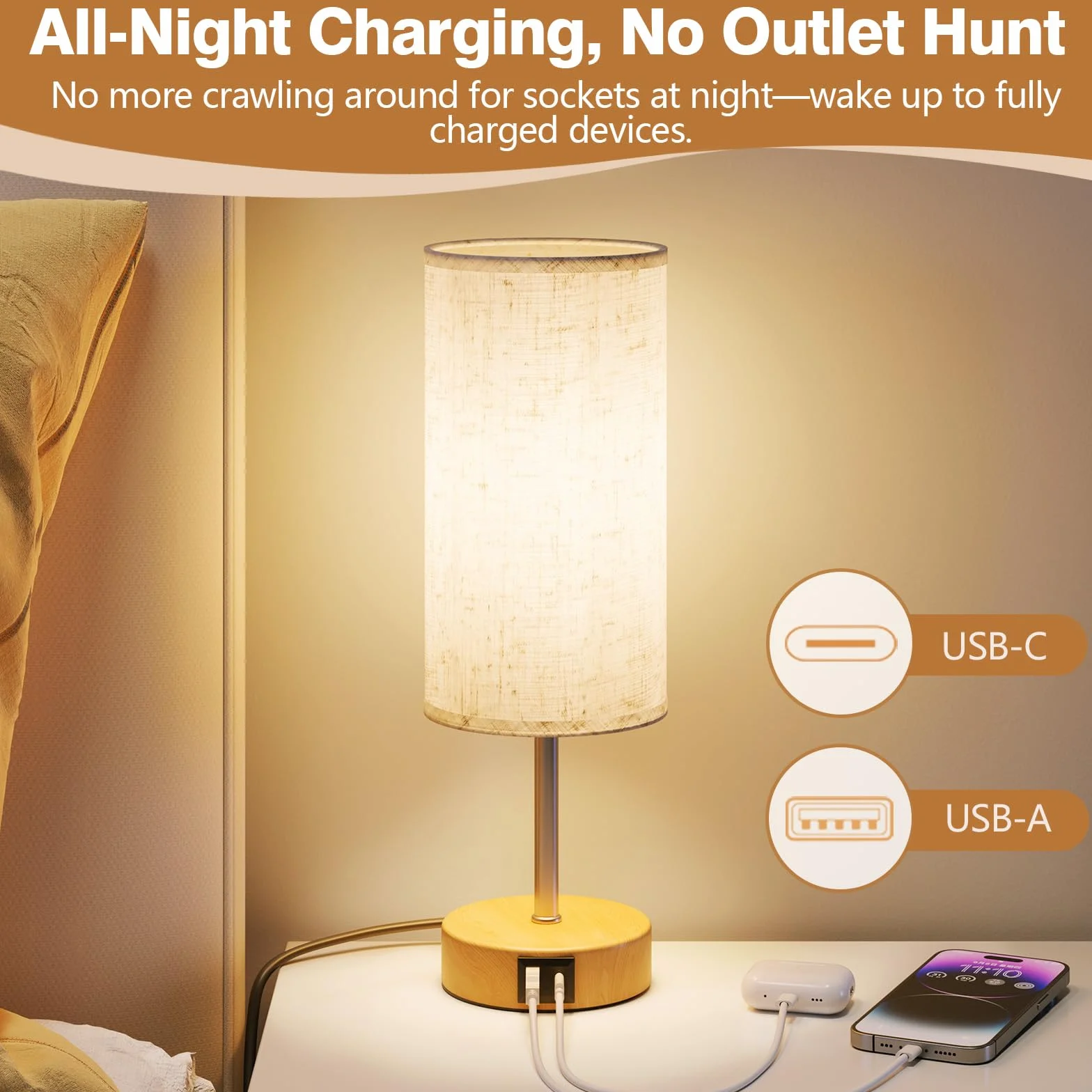Lampka nocna z funkcją ładowania przez porty USB A i USB-C, dotykowa lampka nocna, ściemniana, 3 stopnie ciepłego światła, do sypialni i salonu, przewód zasilający 1,5 m (żarówka E27 w