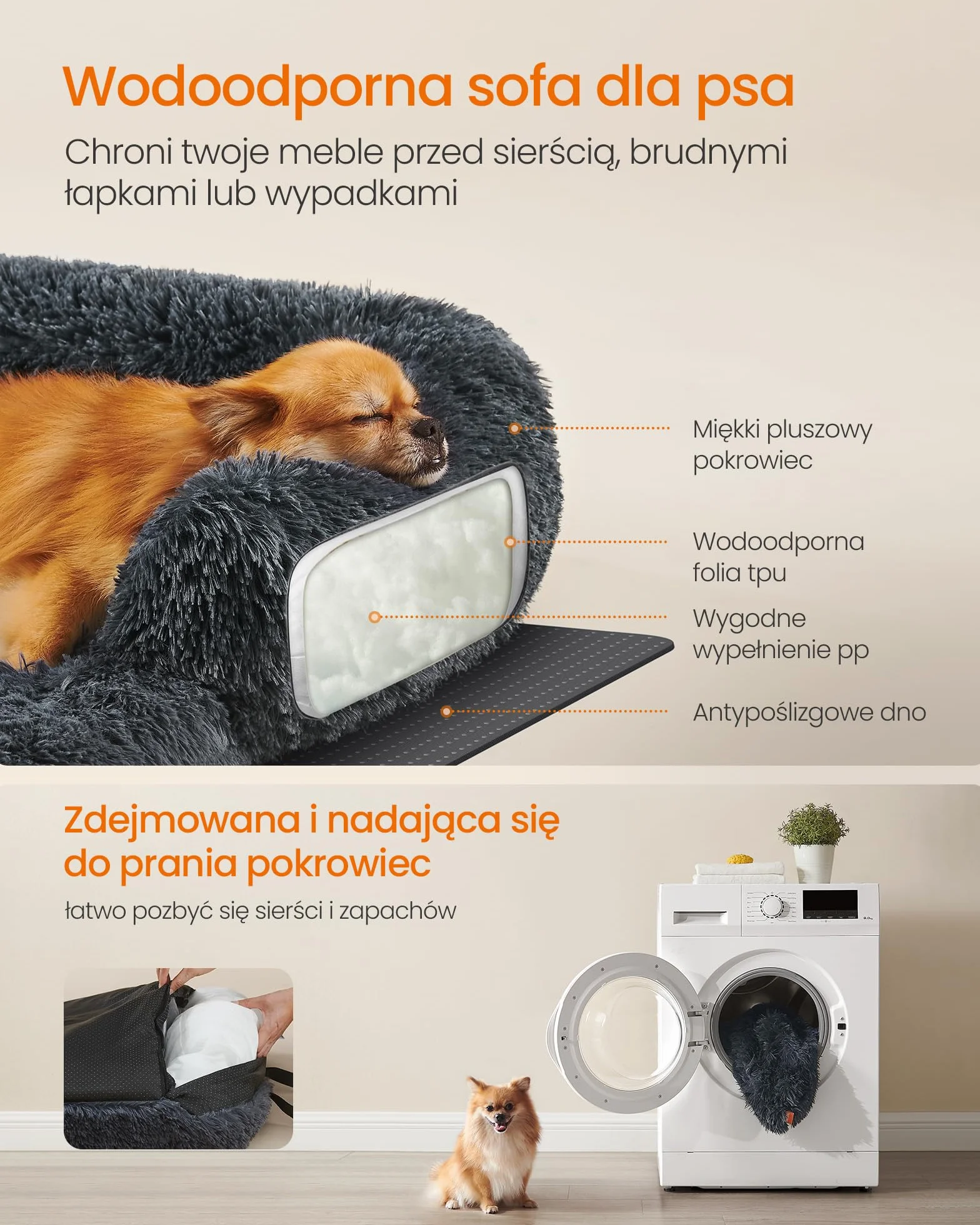 Feandrea FluffyHug narzuta na sofę, łóżko uspokajające dla małych i średnich psów, M, 80 x 75 x 16 cm, ciemnoszara