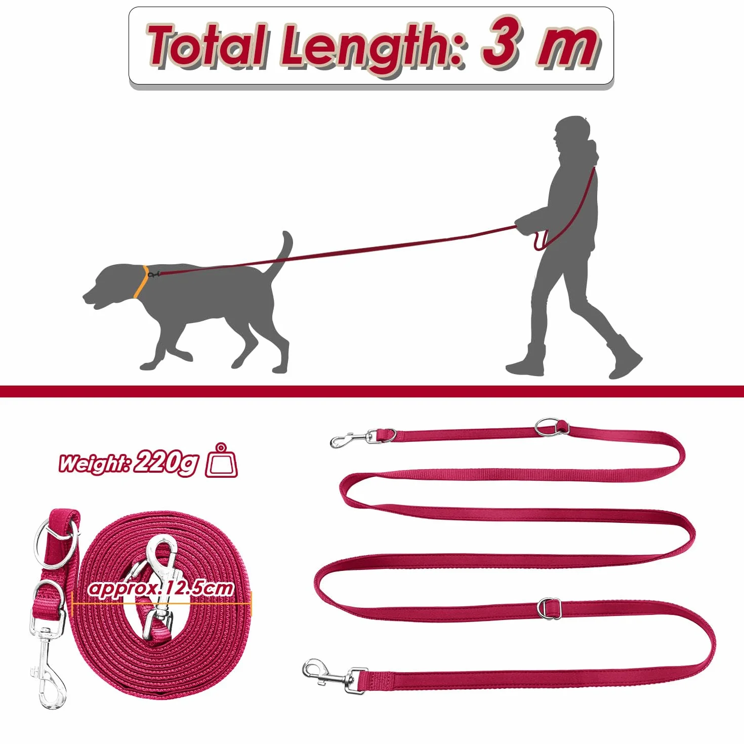 Smycz regulowana podwójna 3 m do 30 kg dla psa