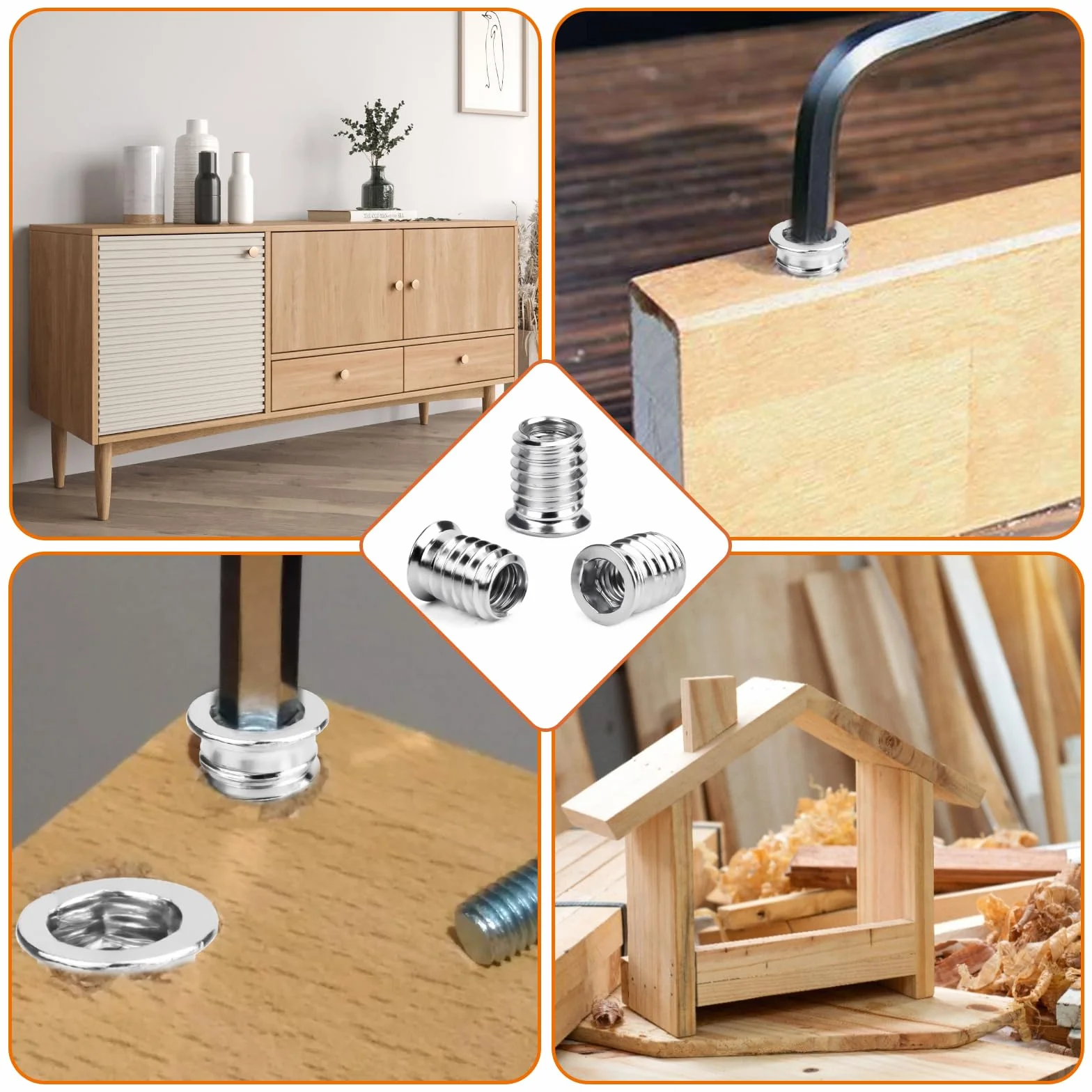 SWTYExt Nakrętki wkręcane M6 x 15 mm, 30 sztuk, wkładki gwintowane do drewna M6, nakrętki sześciokątne, tuleje gwintowane, ocynkowane, do stali, sosny, sklejki, płyt kompozytowych