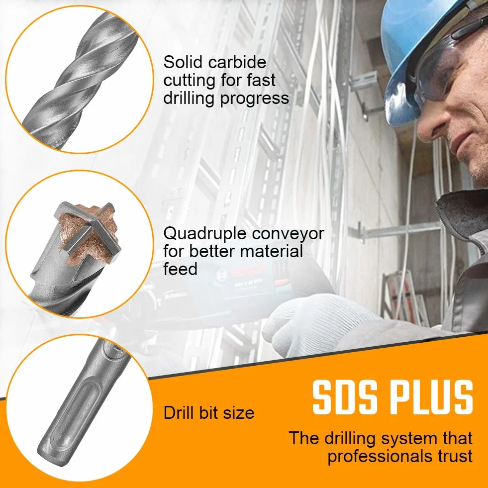 Flintronic Wiertła SDS Plus, 14 x 310 mm SDS Plus Wiertła do betonu, profesjonalne wiertła krzyżowe z 4 cięciami z twardego metalu i podwójnym śmigłem, do wiercenia w betonie, cegłach, cementach