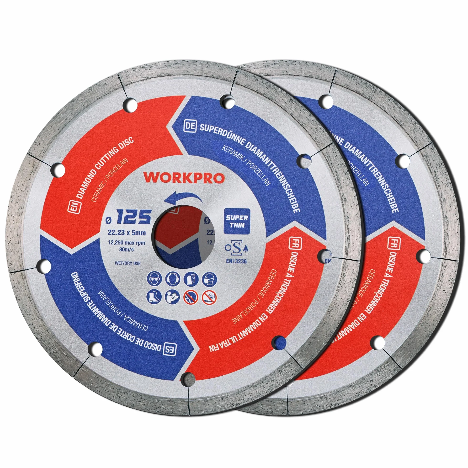WORKPRO Zestaw 2 tarcz diamentowych 125 mm, ultra cienkie 1,2 mm do cięcia na sucho i wodę, do płytek, porcelany, ceramiki, betonu, marmuru, szlifierki