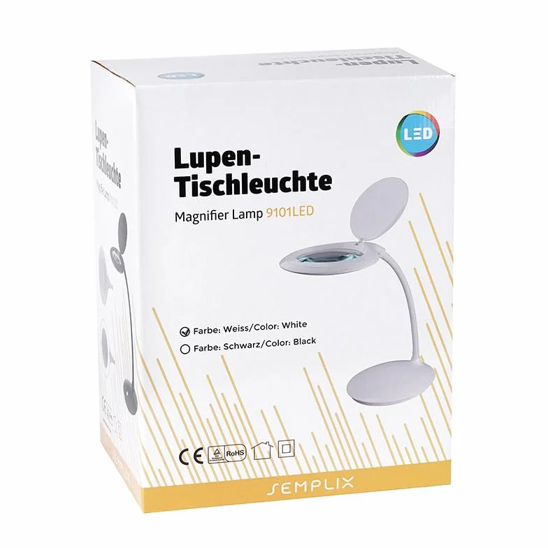 SEMPLIX Lampa stołowa LED, 60 białych diod LED, duża lupa z prawdziwego szkła, lampa biurkowa, 4-krotne ściemnianie, lampka do szycia, lampka do czytania