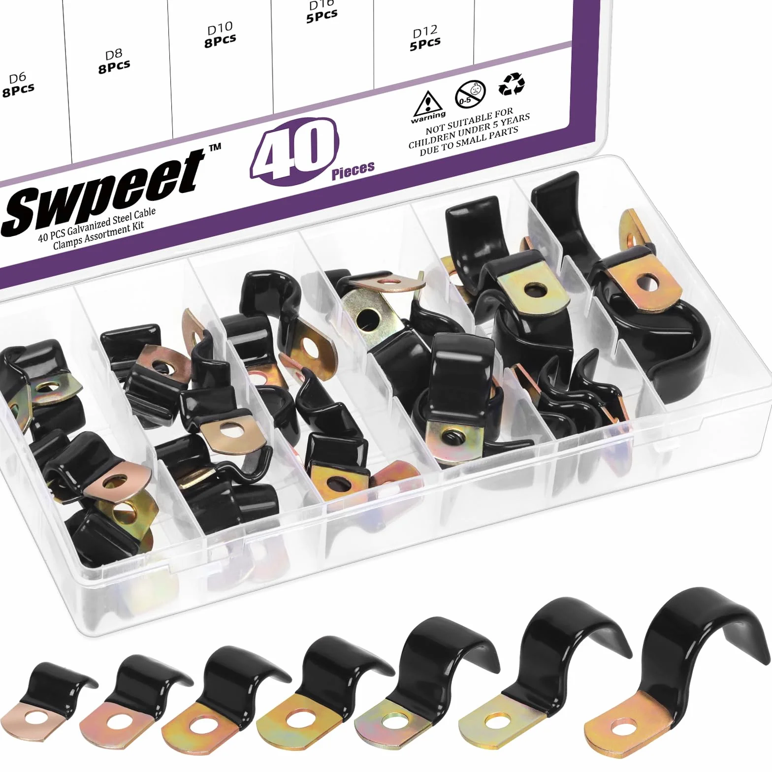 Swpeet 40 szt., 7 rozmiarów 6–25 mm, 1/4 cala, ocynkowany otwór, powlekany winylem, jednostronne zaciski kablowe, zestaw asortymentowy, gumowe amortyzowane izolowane klipsy, metalowe zaciski do
