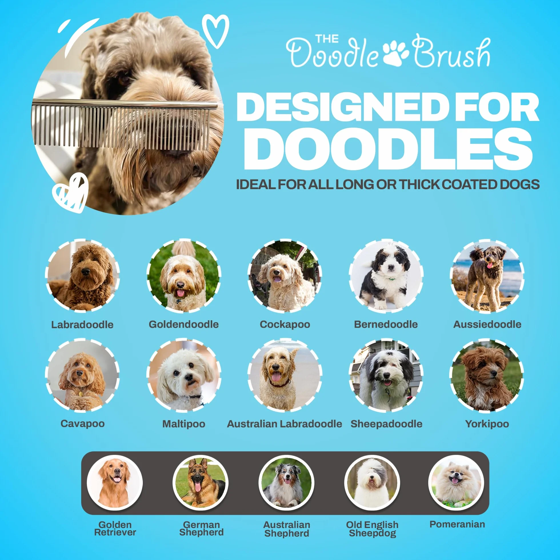 The Doodle Brush – grzebień do pielęgnacji psów doodle, metalowy grzebień dla psów, dla pudli, idealny labradoodle, cockapoo i goldendoodle – grzebienie wykończeniowe do sierści