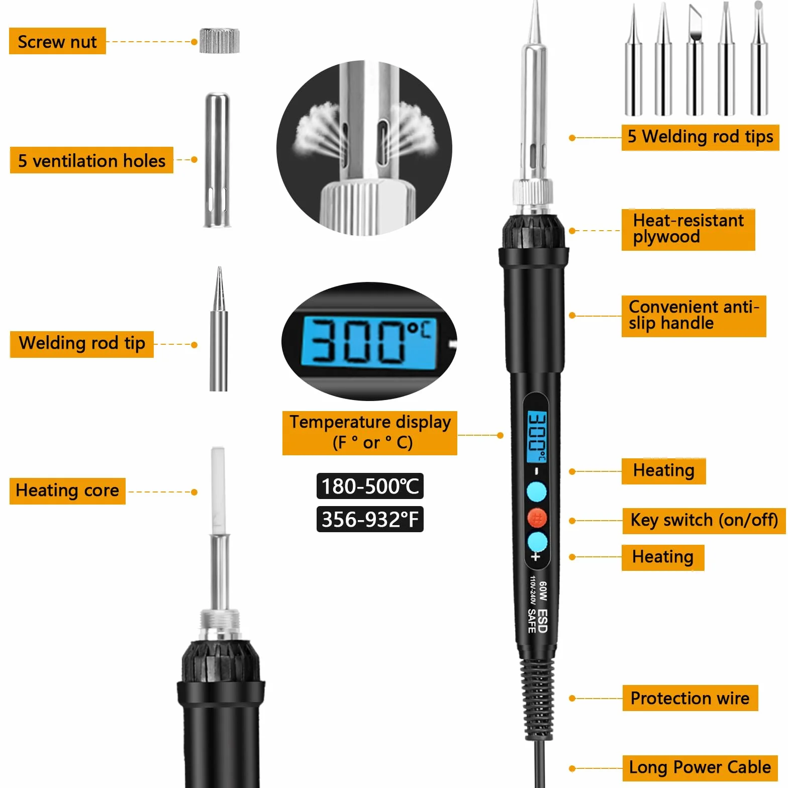 Zestaw do lutowania elektroniki LCD 19 szt. regulowana temperatura 180-500°C lutownica z multimetrem cyfrowym 5 grotów