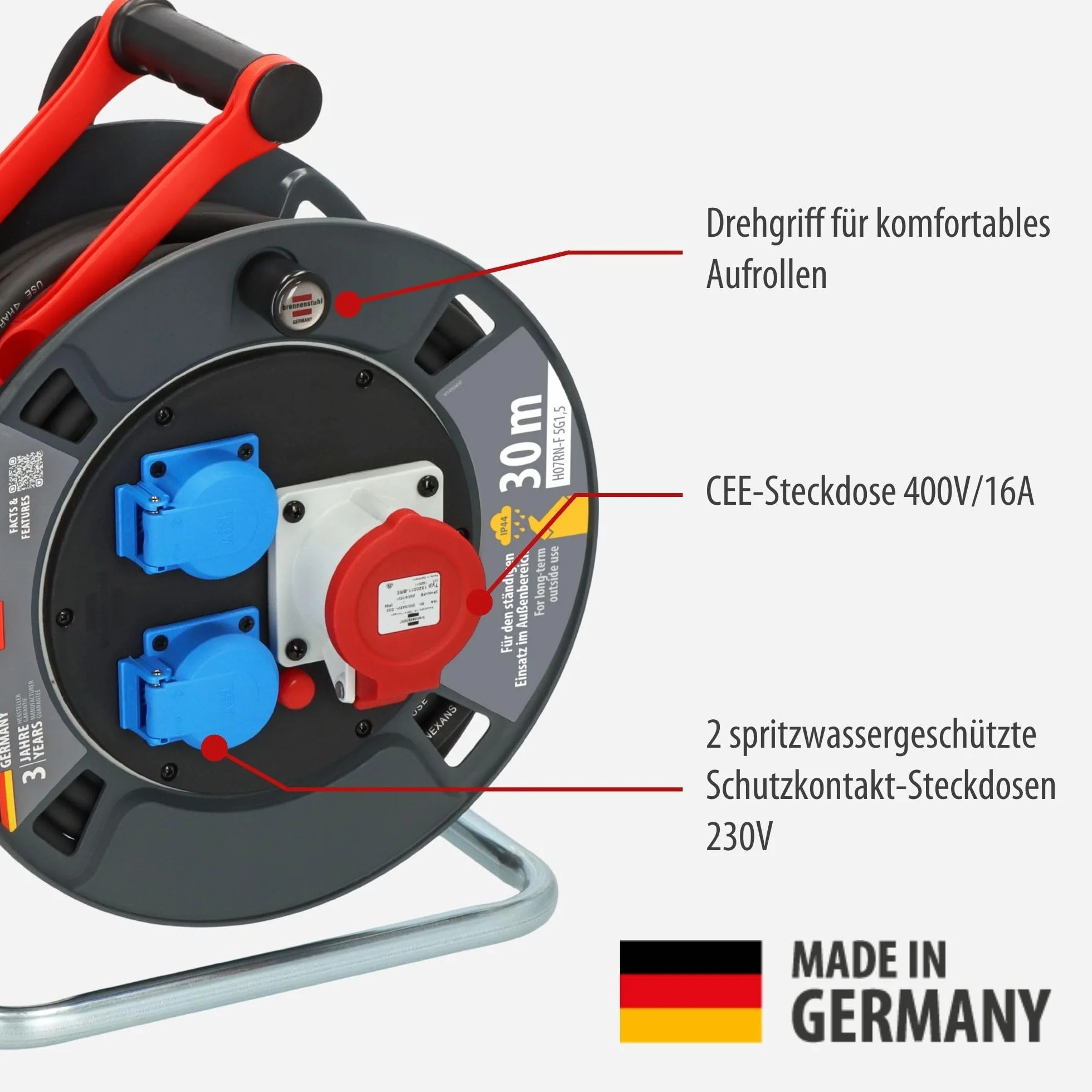 Brennenstuhl Garant CEE 1 V2 IP44 bęben kablowy (CEE z kablem 30 m w kolorze czarnym, Made in Germany, do użytku na zewnątrz IP44)