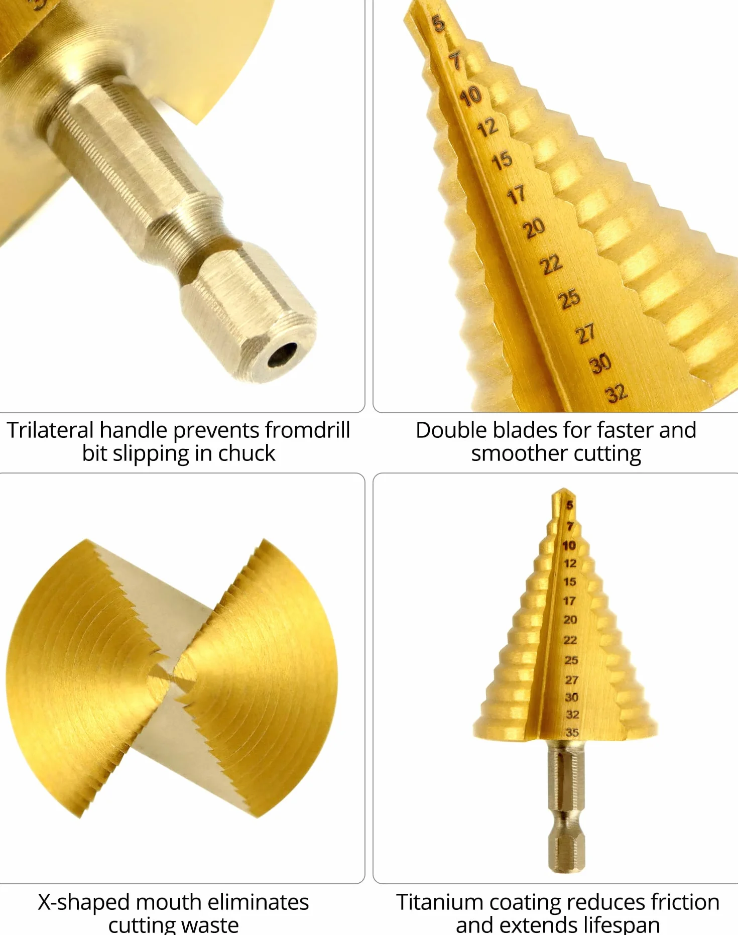 QWORK® Wiertło stożkowe 5-częściowe - HSS 4241-4-12mm / 3-13mm / 4-20mm / 5-35mm / 4-32mm - do blachy drewno tworzywa sztuczne