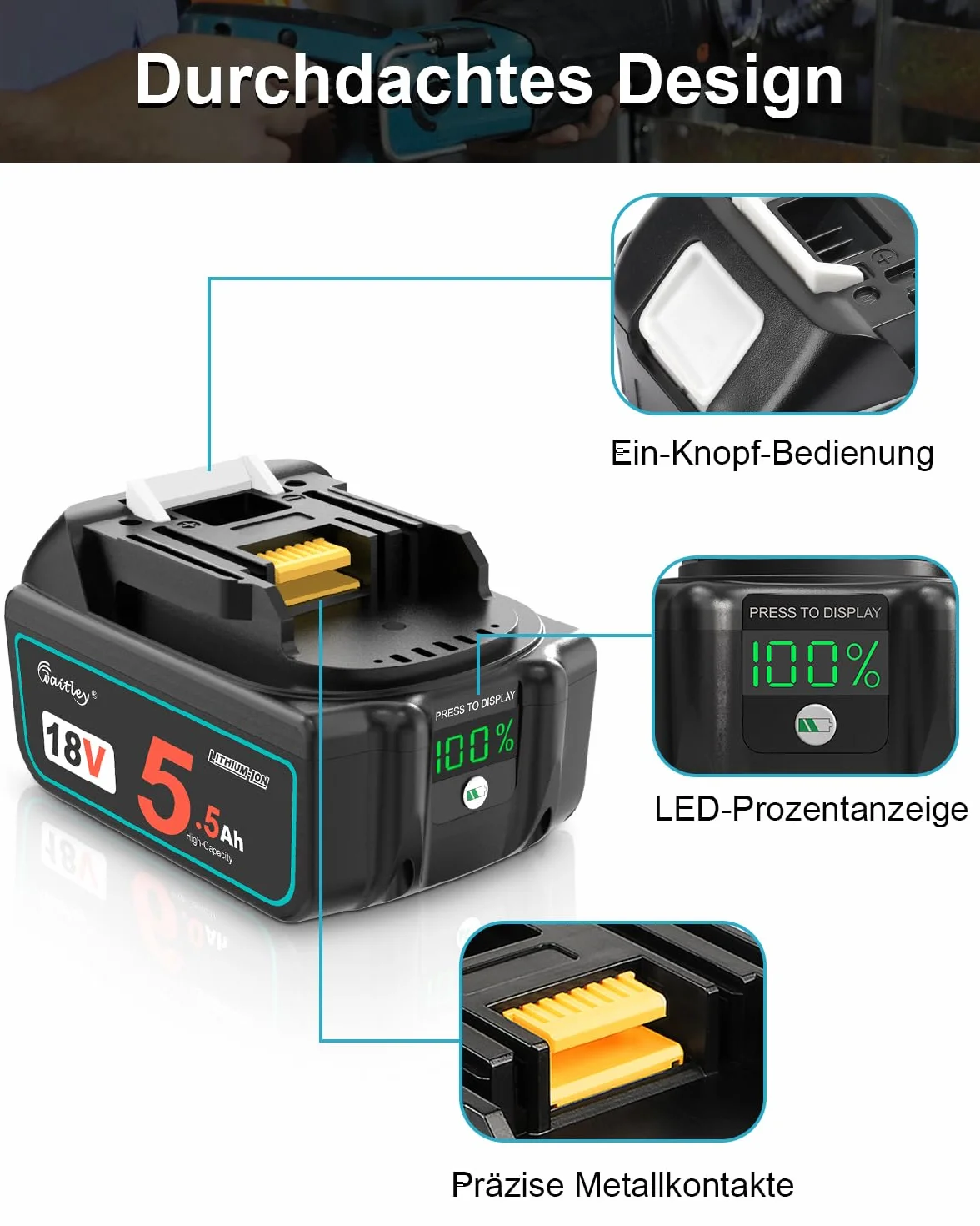 Waitley 5500 mAh akumulator zamienny do akumulatora Makita 18 V BL1850 BL1860B BL1840 BL1830 BL1820B BL1815 – kompatybilny z elektronarzędziami Makita 18 V