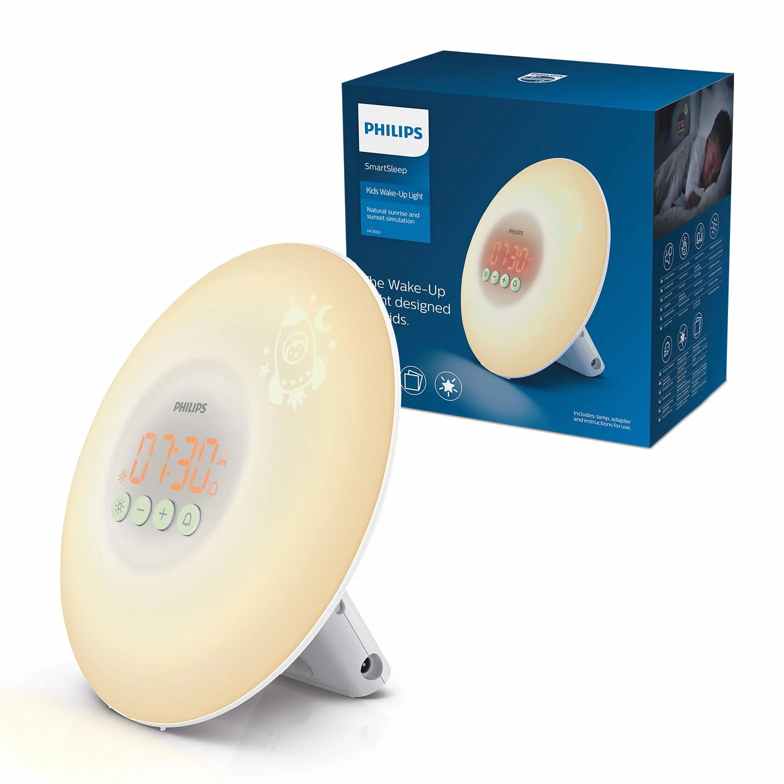 Philips Wake-up Light dla dzieci HF3503/01 (LED, budzenie z oświetleniem, przyciski podświetlane, naklejki) biały