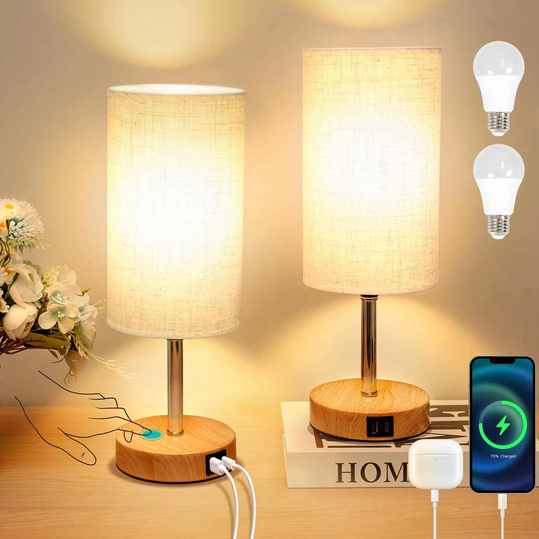 Görvitor Lampka nocna dotykowa, ściemniana, zestaw 2 sztuk, lampa stołowa z portami ładowania USB A/C, abażur lniany i 3 poziomy jasności, lampka nocna z kablem do sypialni (żarówka 9 W w zestawie)