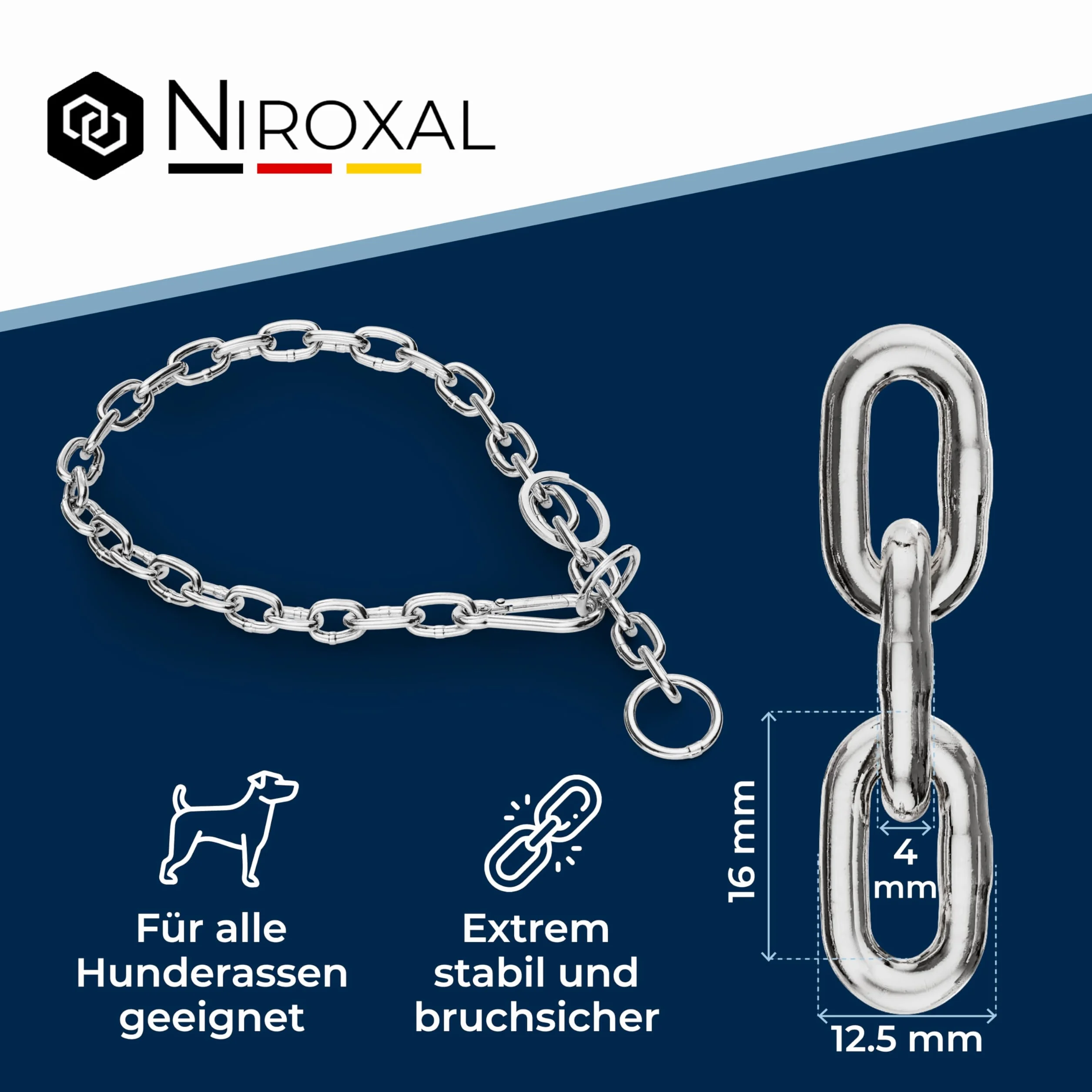 Obroża łańcuchowa treningowa dla psów z ogranicznikiem pociągu ze stali nierdzewnej z krótkim ogniwem 4 mm – rozmiar szyi 49-54 cm – długość całkowita 60 cm – łańcuch z ogranicznikiem poślizgu