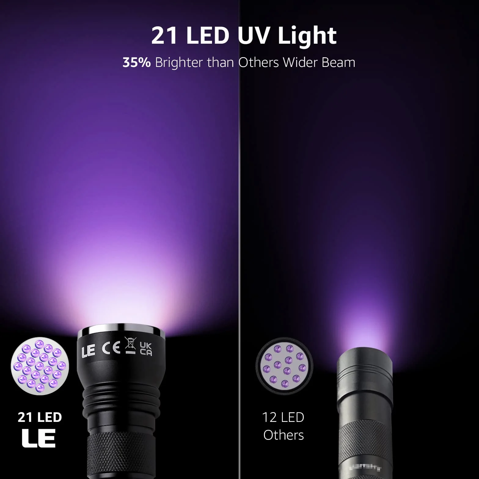 Lepro Lampa UV, 21 diod LED 395 nm, wykrywacz czarnego światła do moczu zwierząt, plam, pluskiew na dywanie lub podłodze, fałszywy banknot i inne, 3 baterie AAA w zestawie