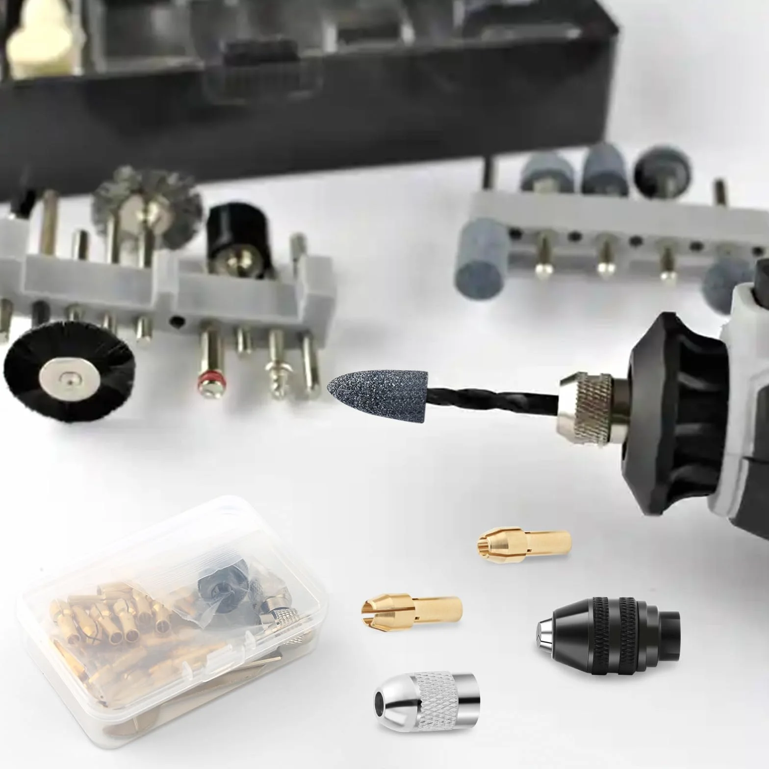 Zestaw 26 adapterów do uchwytu wiertarskiego, zestaw tulejek zaciskowych do Dremel z pudełkiem, uchwyt wiertarski Dremel 4486, tuleje zaciskowe 4485, zestaw akcesoriów do narzędzi wielofunkcyjnych do